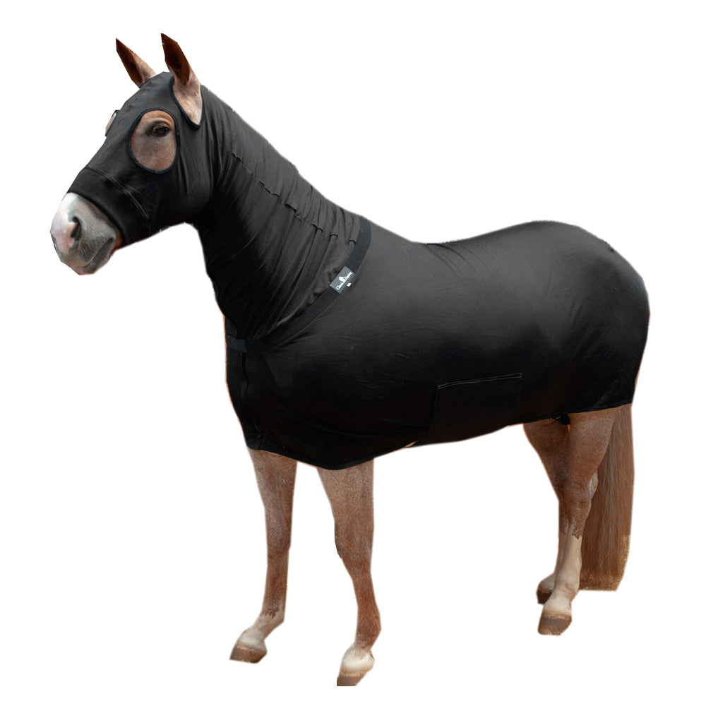 Classic Equine Full Body Slinky Horse Hood Stretch Spandex Sheet Mane Protector Sleek Fit Coat Cover with Fleece Trim Black