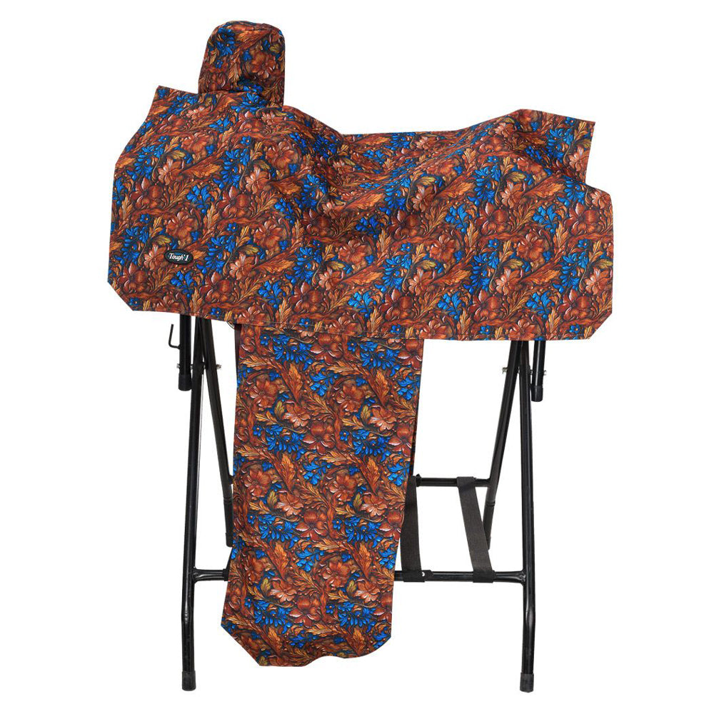 Tough1 Hand Printed Western Total Saddle Cover Nylon Full Protection Floral Tooling Pattern Dust Guard