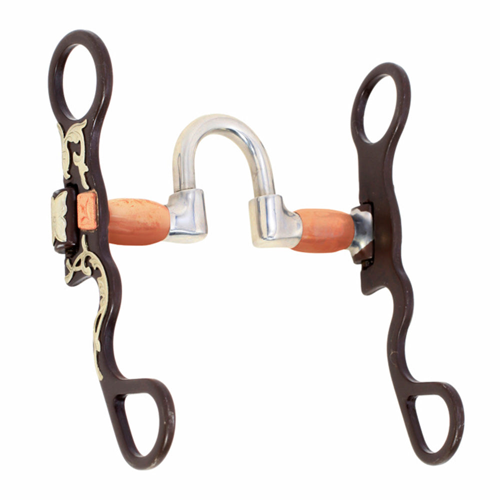 HILASON Santa Fe Pony Correctional Curb Bit 4-1/2" Multi-Jointed Mouthpiece with Copper Barrels Brown Engraved Floral Shanks