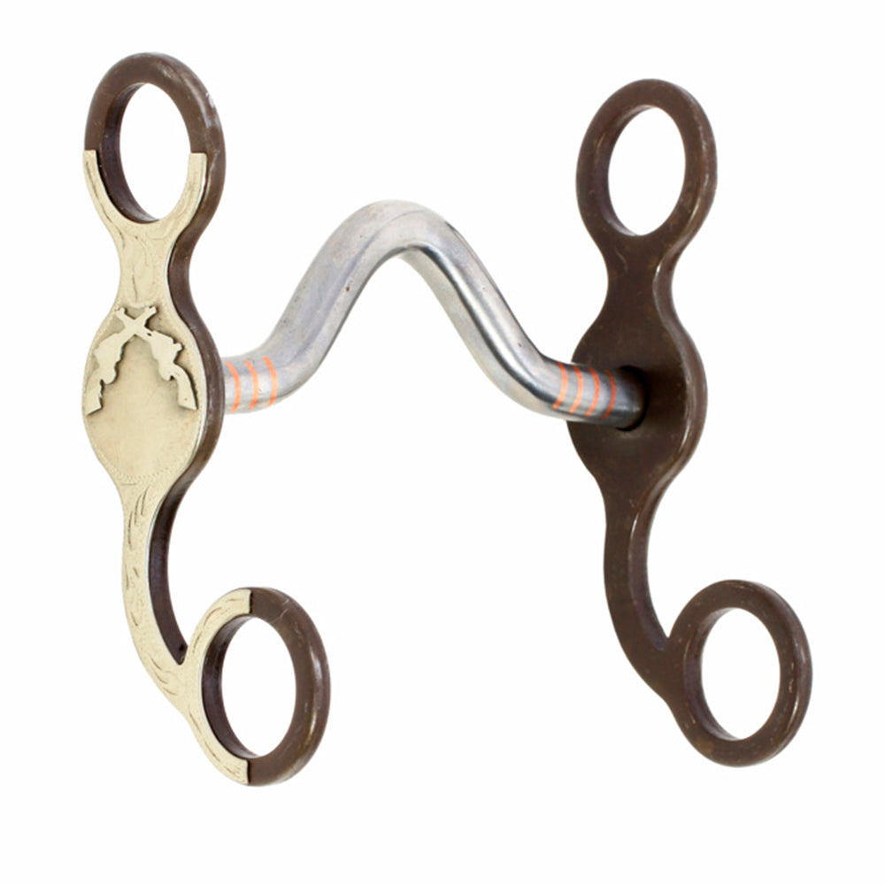 HILASON Pony Pistols Western Curb Bit 4-1/8" Sweet Iron Mouthpiece with Copper Inlays Antique Brown S-Shank Training Bit