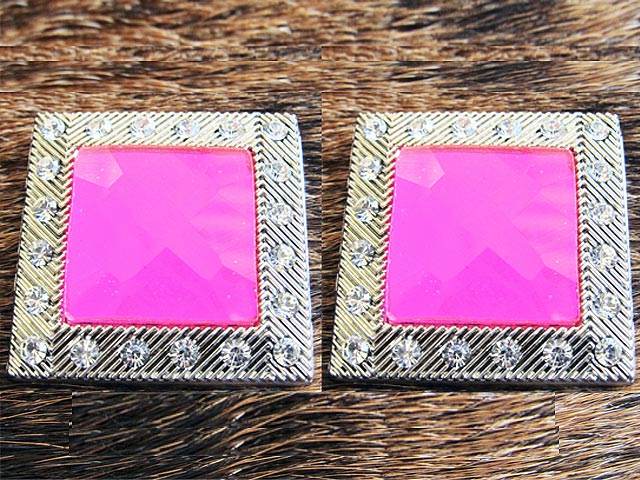 Western Screw Back Concho Light Fuschia Square Crystals Bling