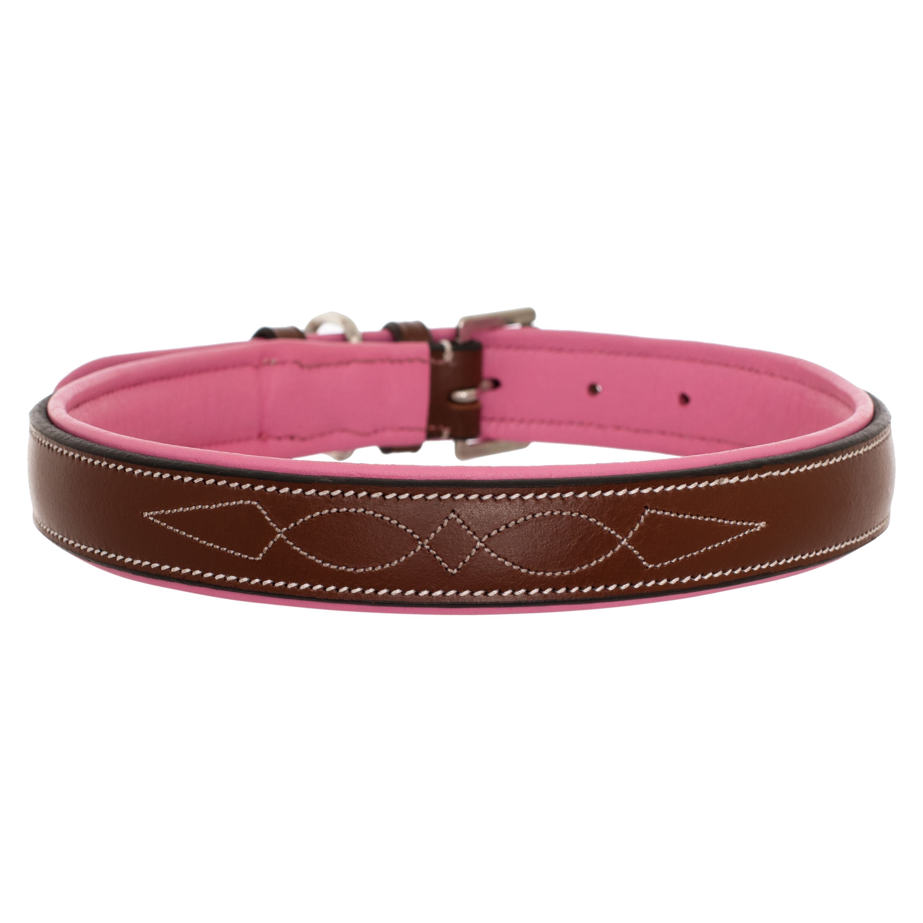 ExionPro Fancy Stitched Padded Leather Dog Collar - Pink Padding by Bridles & Reins - alternate view 2