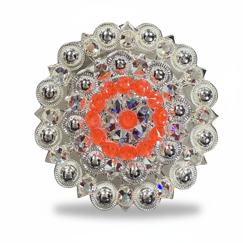 Bright Silver Neon Orange - AB Crystal Conchos | Sizes 1"- 3" | Buckles | Saddle Set | Leather Rosettes | Slide — view 5