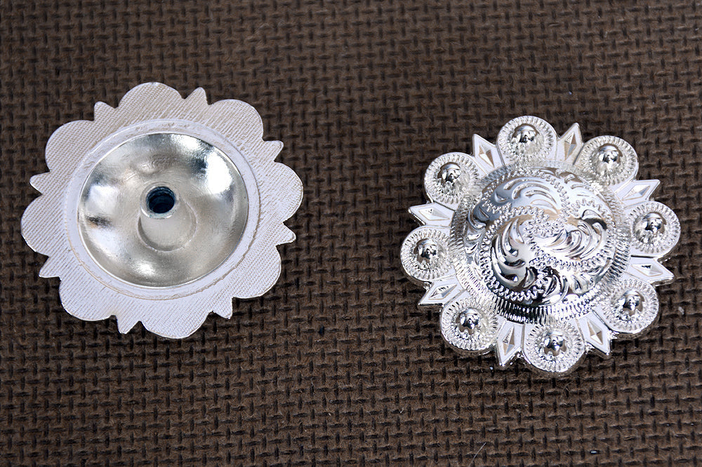 Western Screw Back Concho Silver Engraved Round Berry Saddle Horse 1.5 In