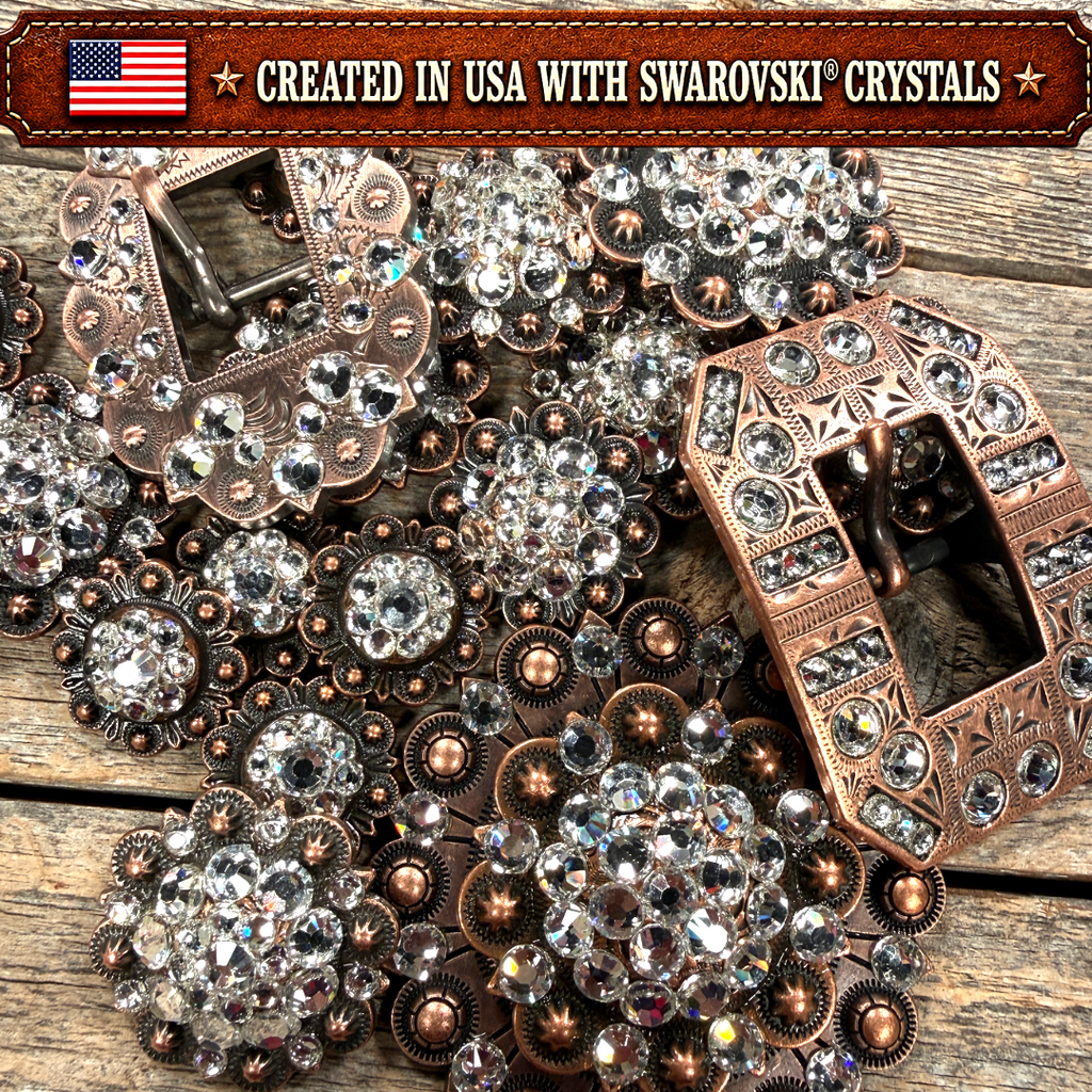 Copper Clear Crystal Conchos | Sizes 1"- 3" | Buckles | Saddle Set | Leather Rosettes | Slide