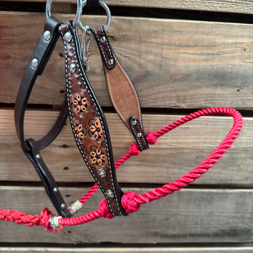 Red Flower Power Tooled Lariat & Leather Combo Halter — view 2