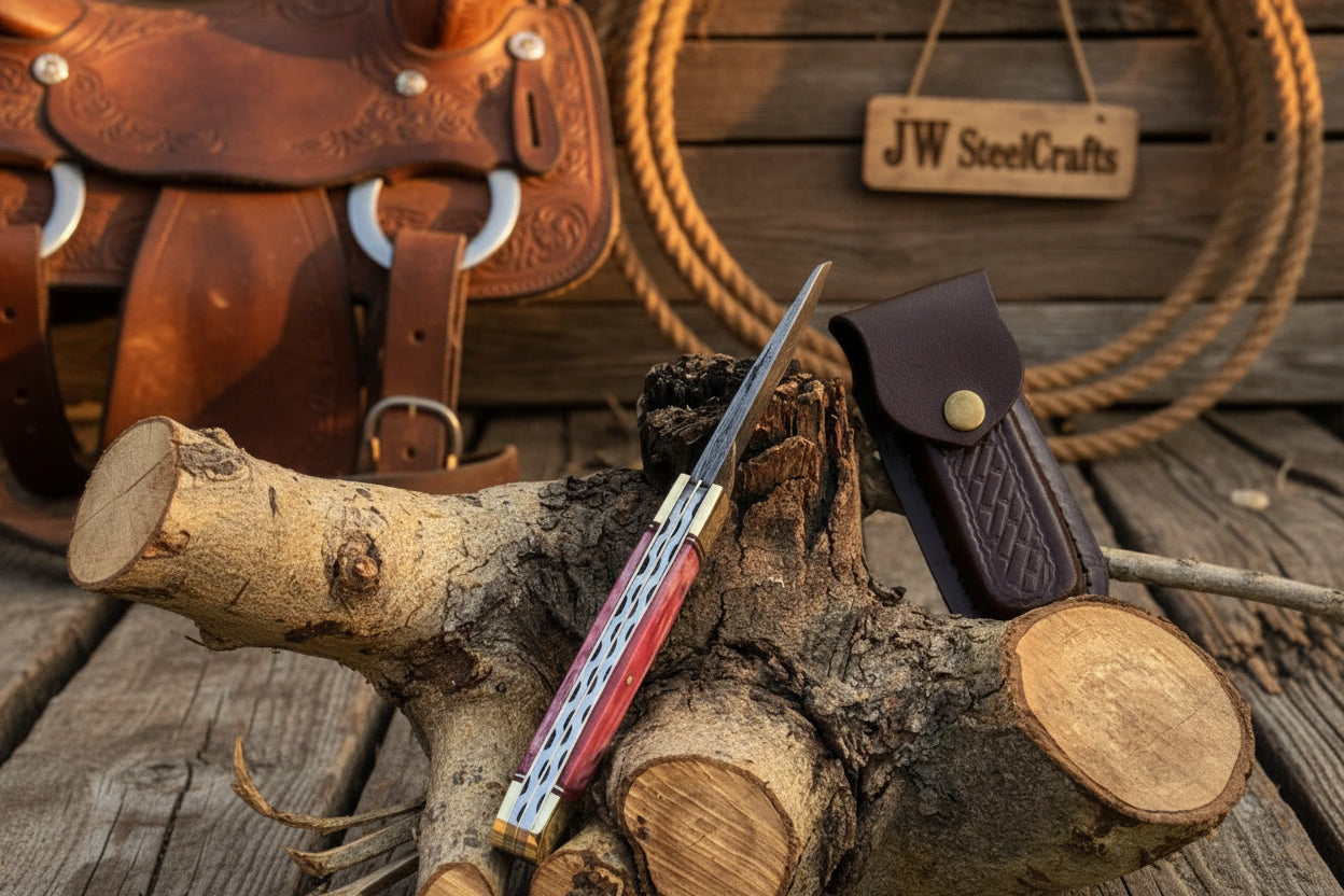 Backwoods Trapper Knife Two Blade Pink Bone Handle Steel Bolster Slip Joint
