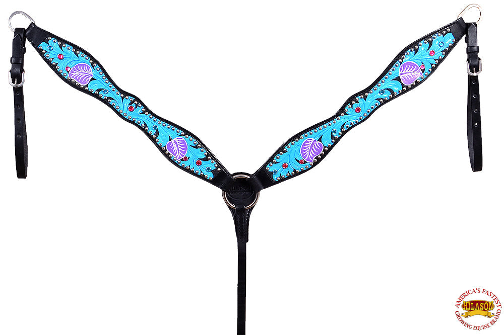 HILASON Western Horse Breast Collar Tack American Leather Black Turquoise | for Horses