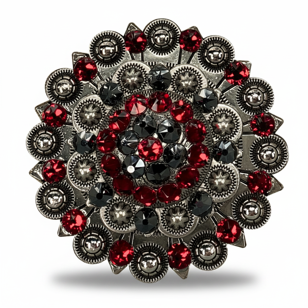 Antique Silver Ruby - Jet Crystal Conchos | Sizes 1"- 3" | Buckles | Saddle Set | Leather Rosettes | Slide — view 6
