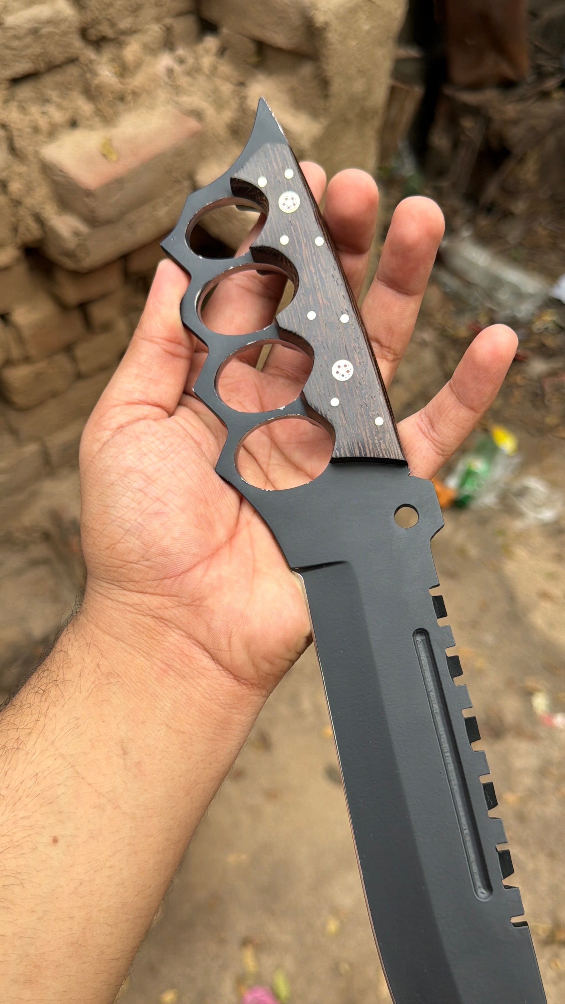 Knuckle Handle Tactical Knife Acid Etched Drop Point Fixed Blade