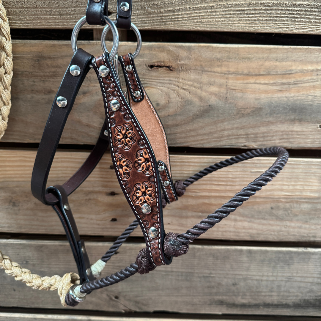 Brown Flower Power Tooled Lariat & Leather Combo Halter — view 2