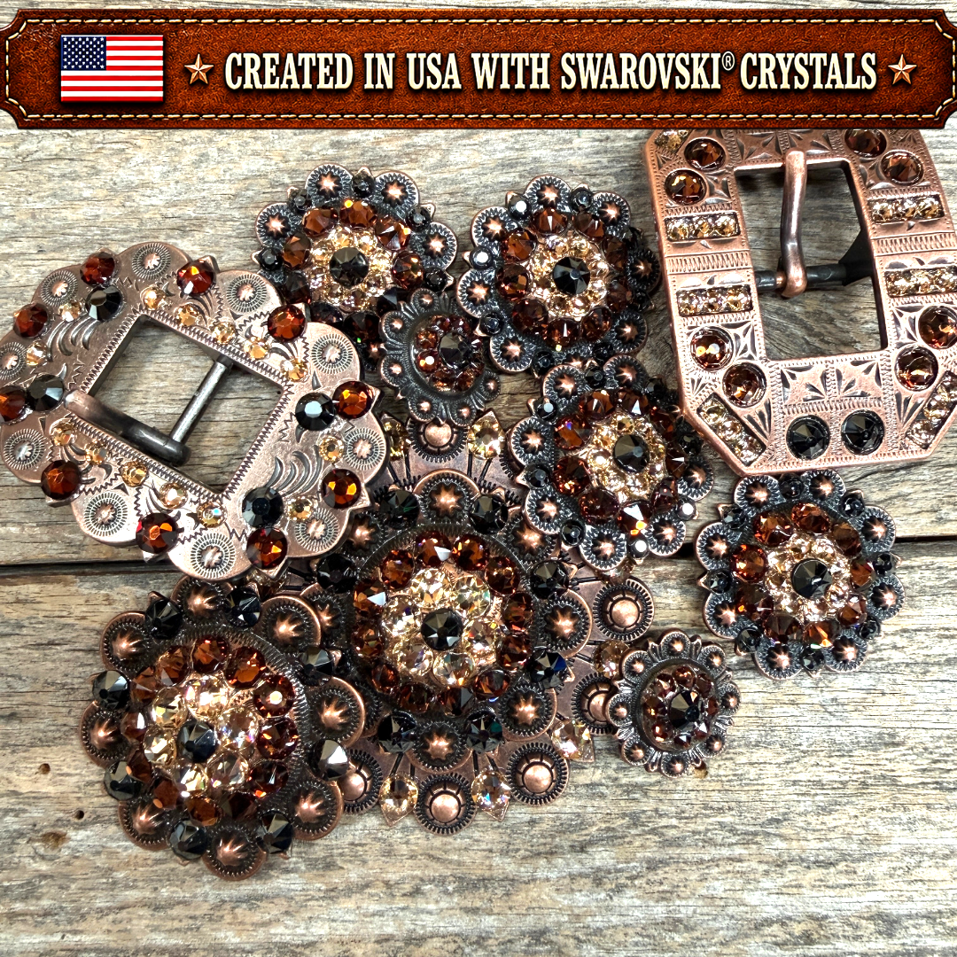 Copper Jet - Champagne - Topaz Crystal Conchos | Sizes 1"- 3" | Buckles | Saddle Set | Leather Rosettes | Slide