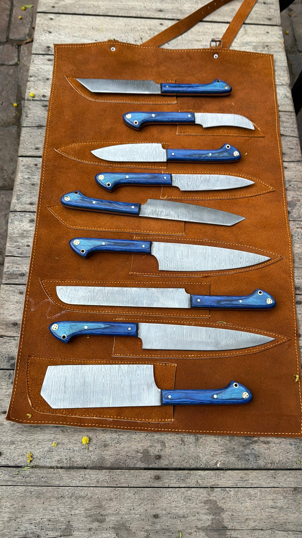 9-Piece Damascus Kitchen Knife Set with Leather Roll and Blue Pakka Wood Handles