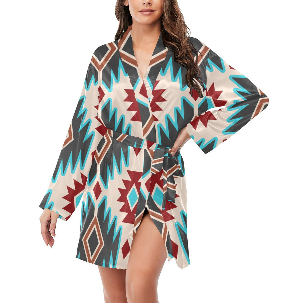 Baha Ranch Turquoise Burgandy Aztec Women's Belted Satin Feel Dressing Lounge Robe by Baha Ranch Western Wear