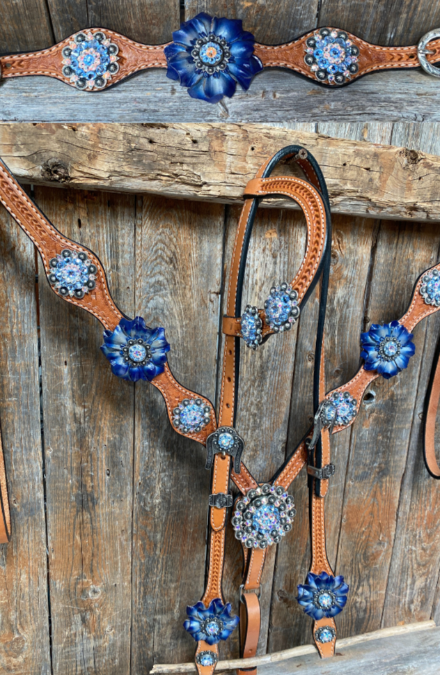 Light Oil Basketweave Blue Wither Strap, One Ear & Breastcollar Tack Set #OEBC438 — view 2