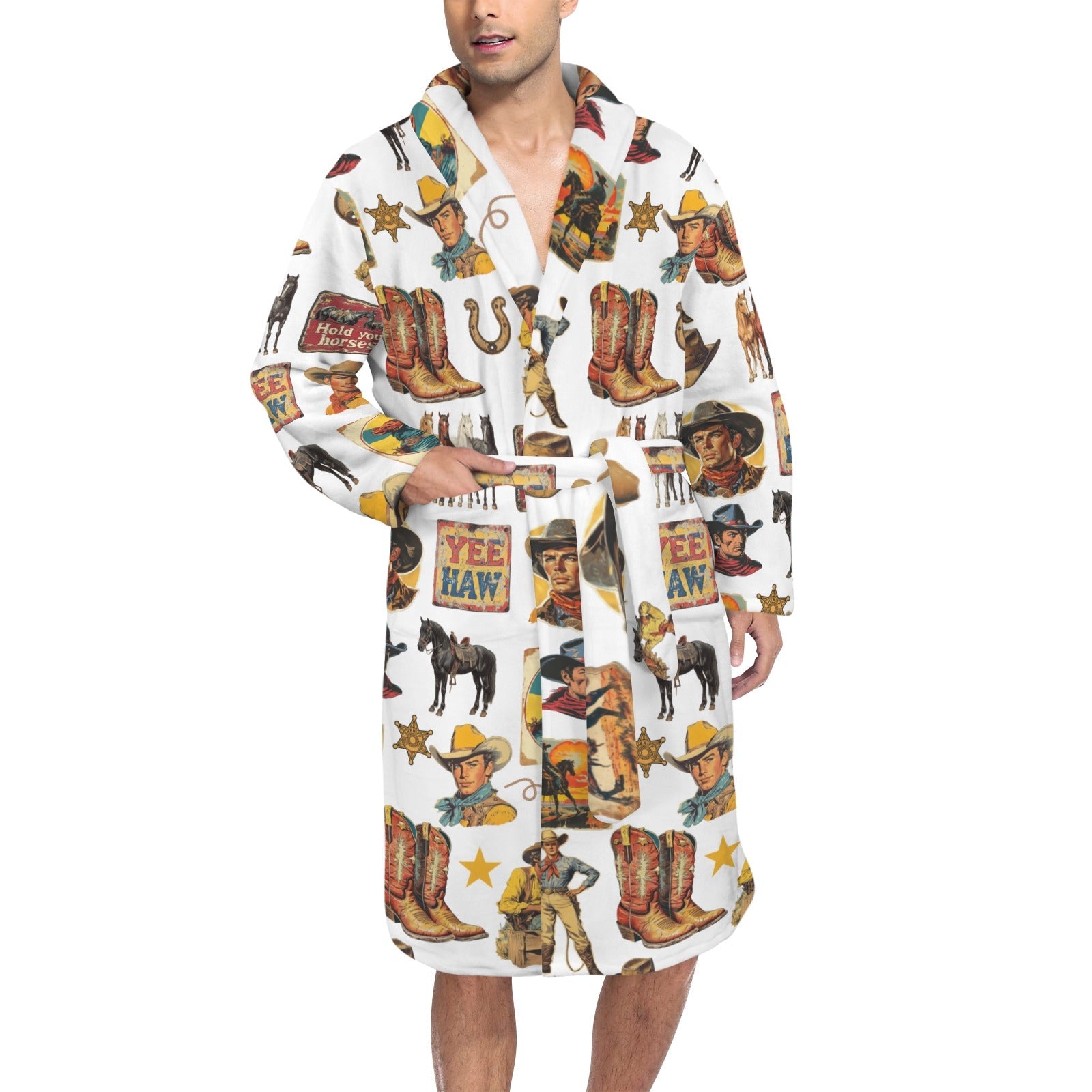 Baha Ranch Cowboy Collage Western Men's Bath Robe by Baha Ranch Western Wear