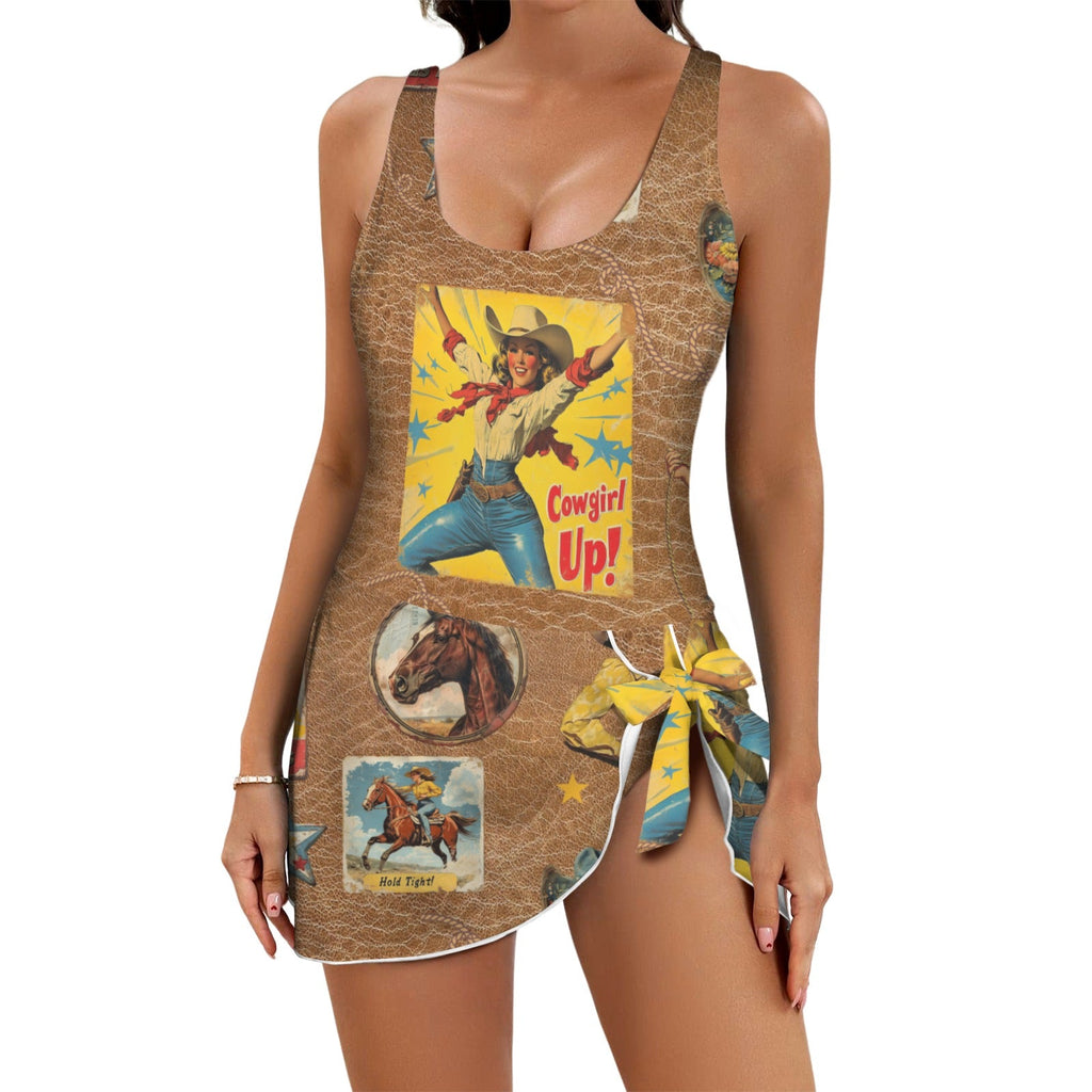 Baha Ranch Vintage Cowgirl Collage Skirted Swim Suit by Baha Ranch Western Wear