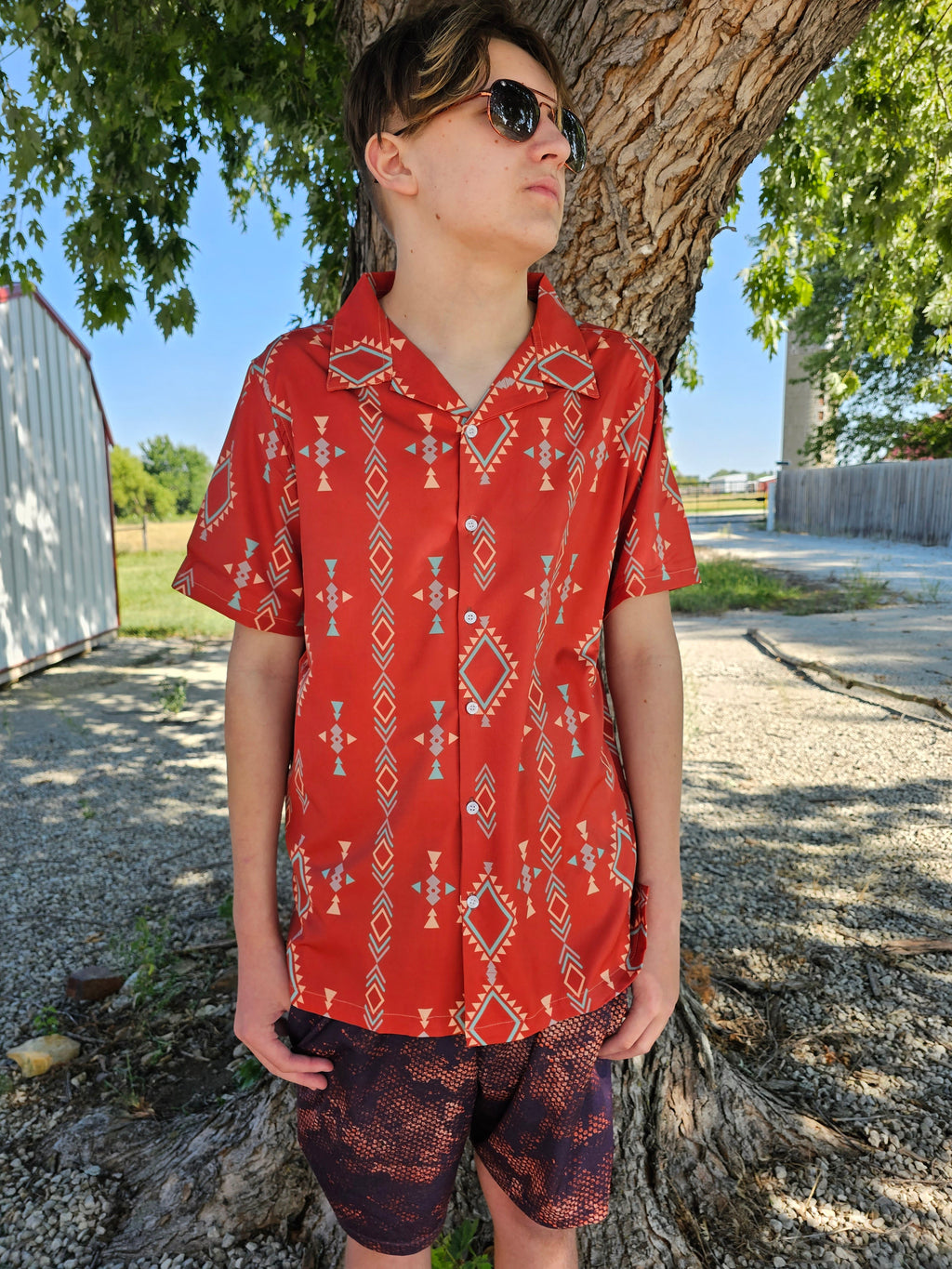 Baha Ranch Rust Aztec Men's Western Camp Shirt by Baha Ranch Western Wear