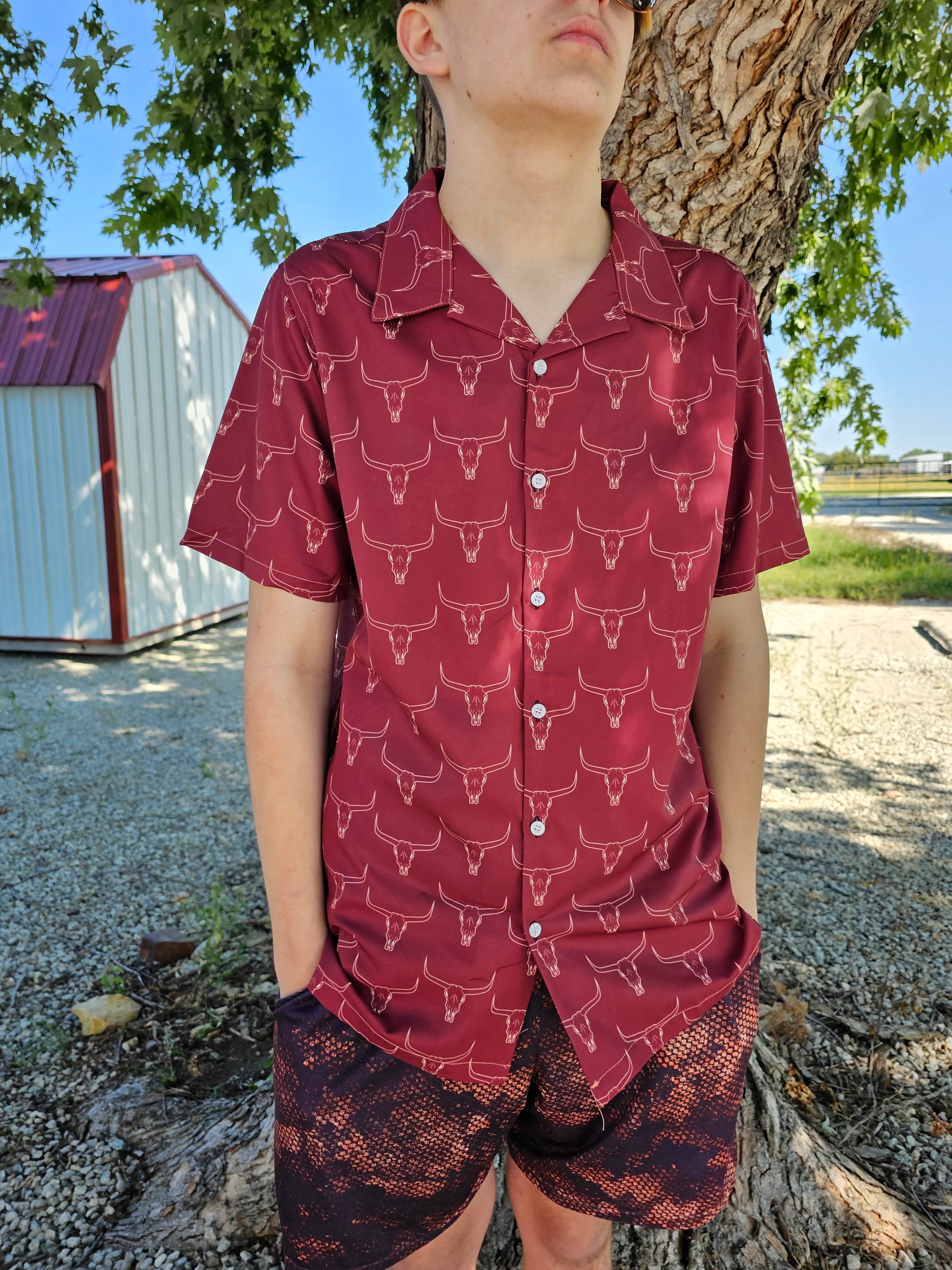 Baha Ranch Burgandy Longhorn Men's Western Camp Shirt by Baha Ranch Western Wear