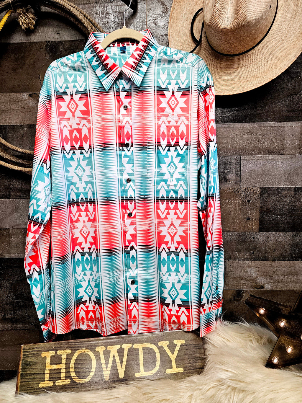 Baha Ranch Turquoise Orange Aztec Unisex Western Button UP Shirt by Baha Ranch Western Wear