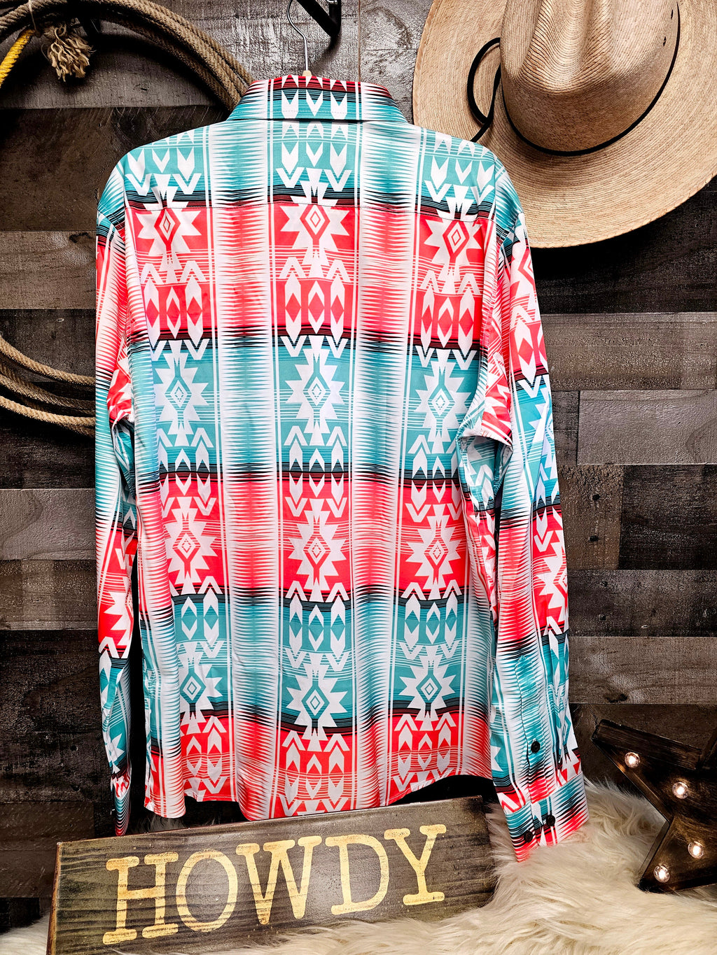 Baha Ranch Turquoise Orange Aztec Unisex Western Button UP Shirt by Baha Ranch Western Wear - product image 2