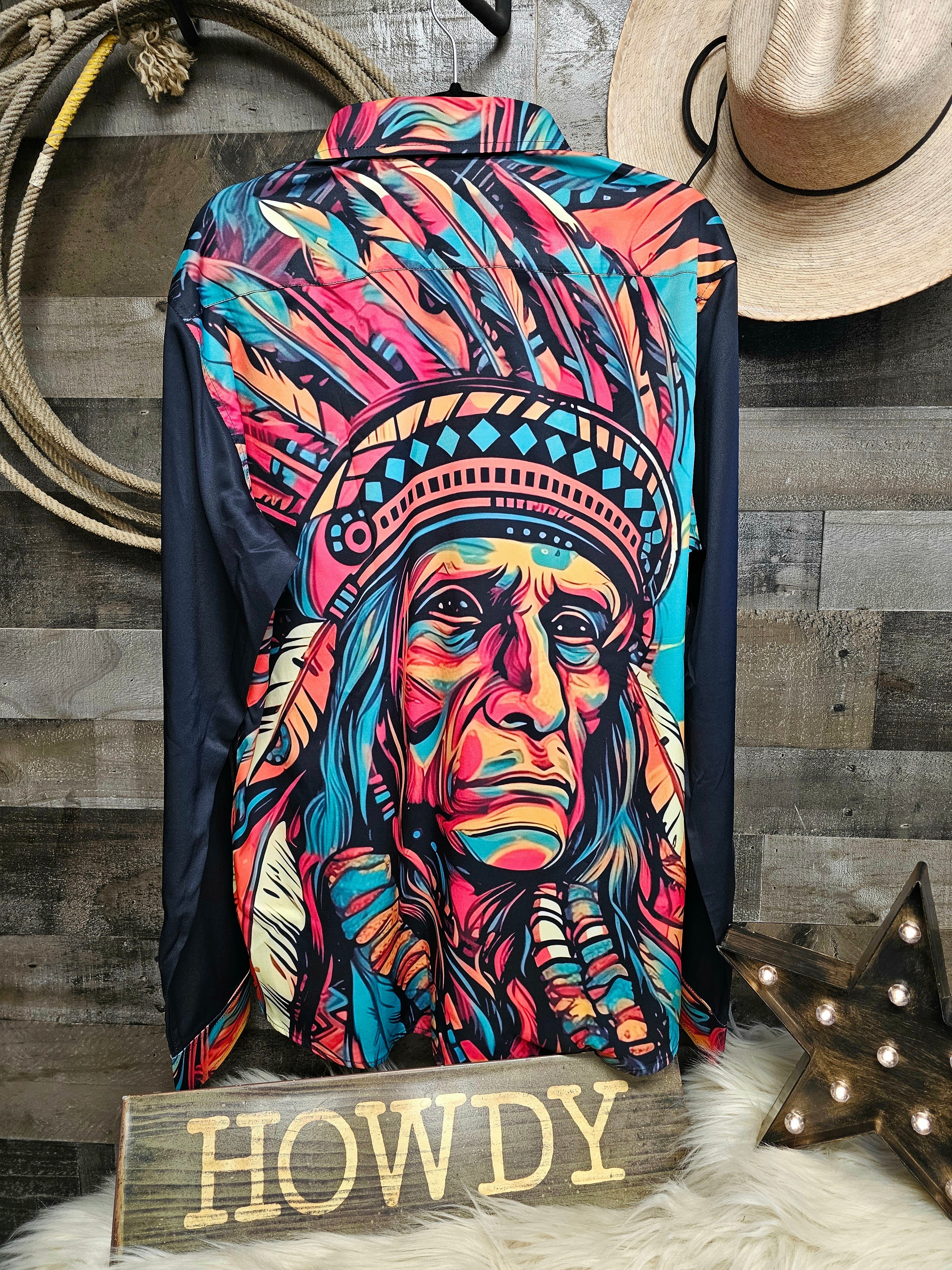 Baha Ranch Painted Indian Chief Unisex Western Button Up Shirt by Baha Ranch Western Wear