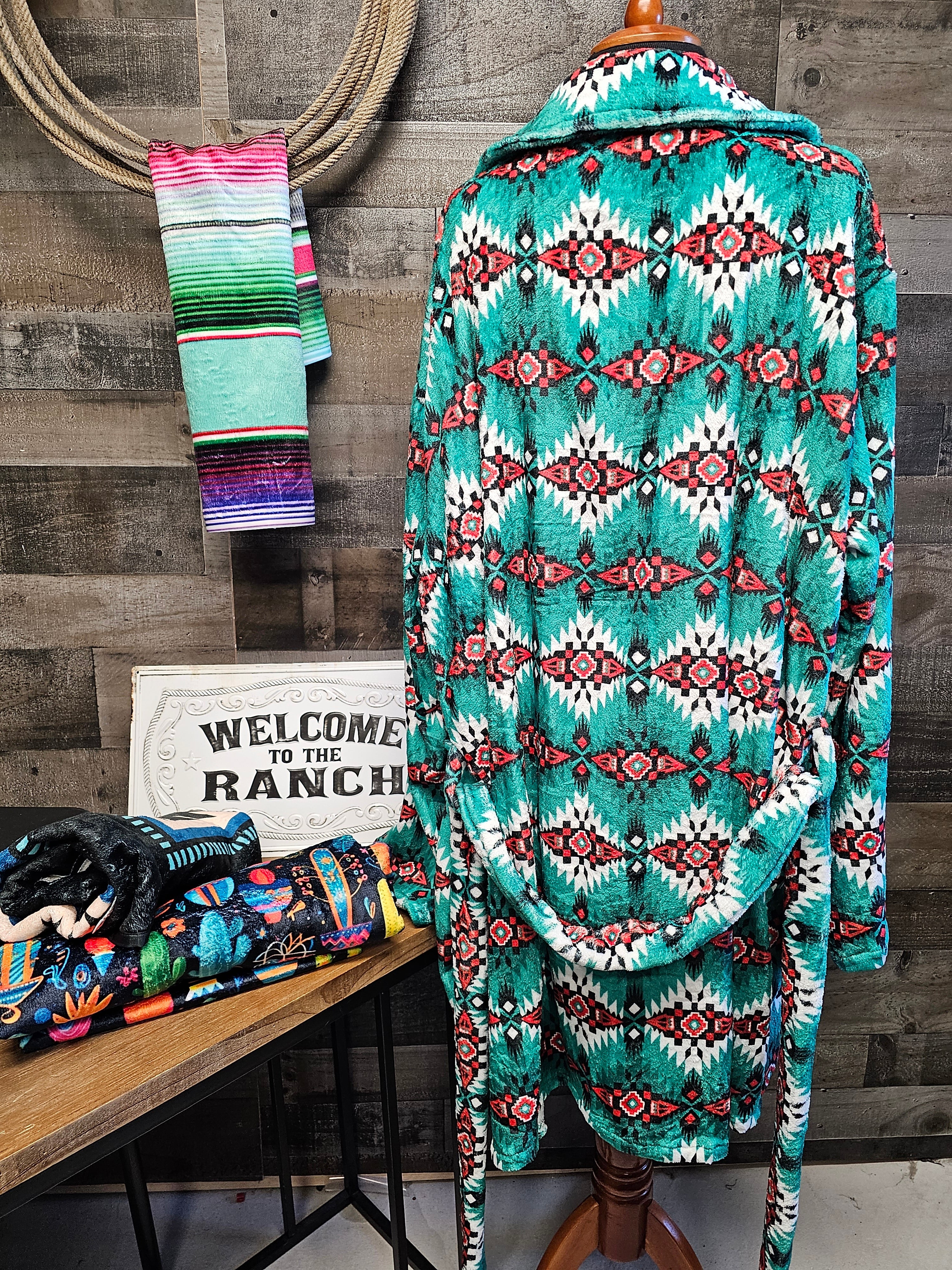 Baha Ranch Teal Aztec Women's Western Bath Robe by Baha Ranch Western Wear - product image 4