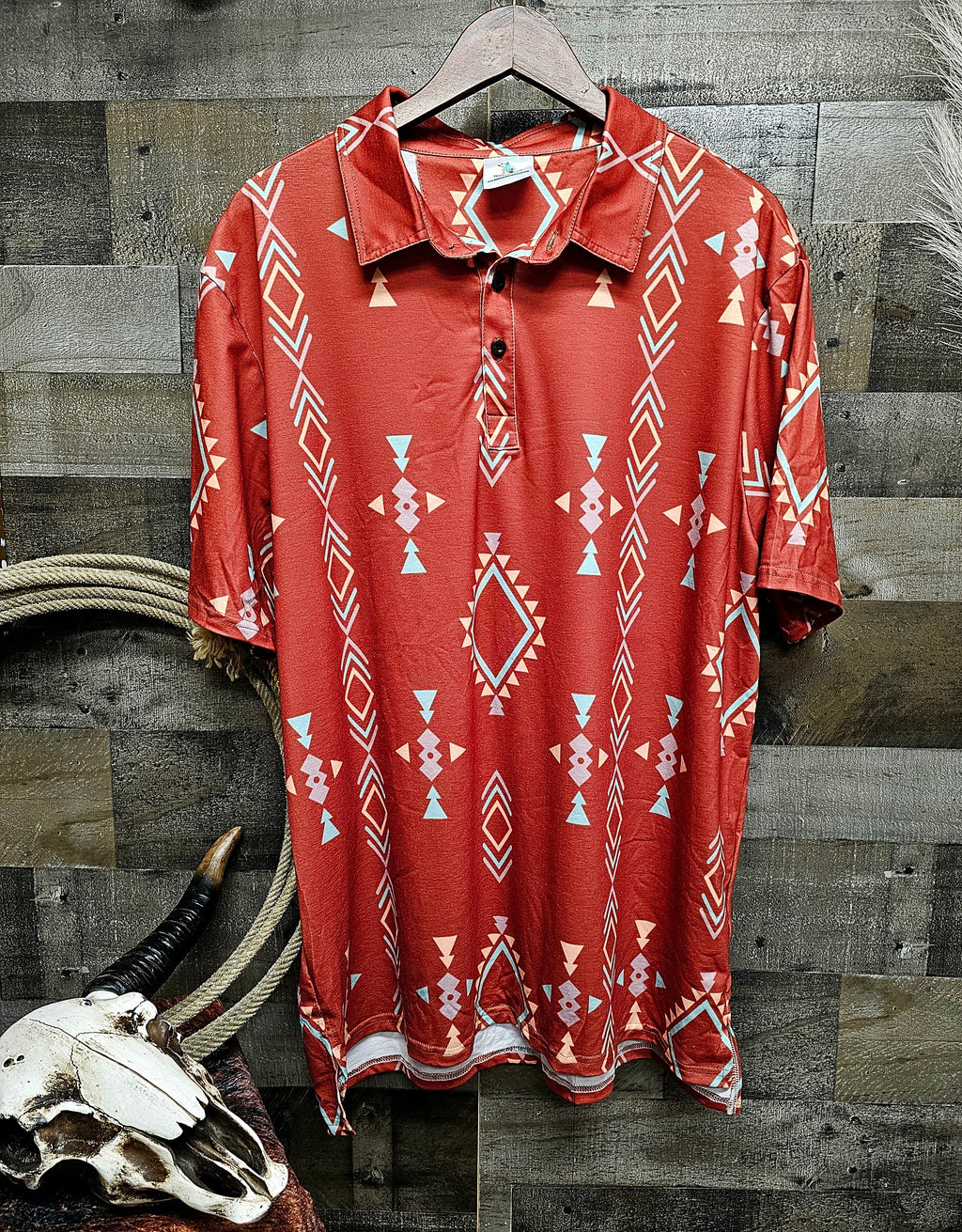 Baha Ranch Rust Brown Aztec men's Western Polo Shirt by Baha Ranch Western Wear - product image 2