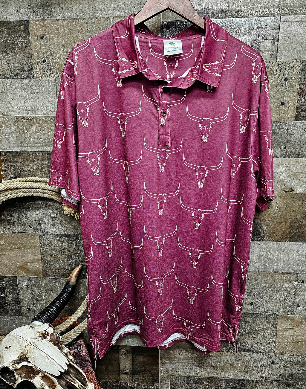 Baha Ranch Burgandy Longhorn Men's Western Polo Shirt by Baha Ranch Western Wear