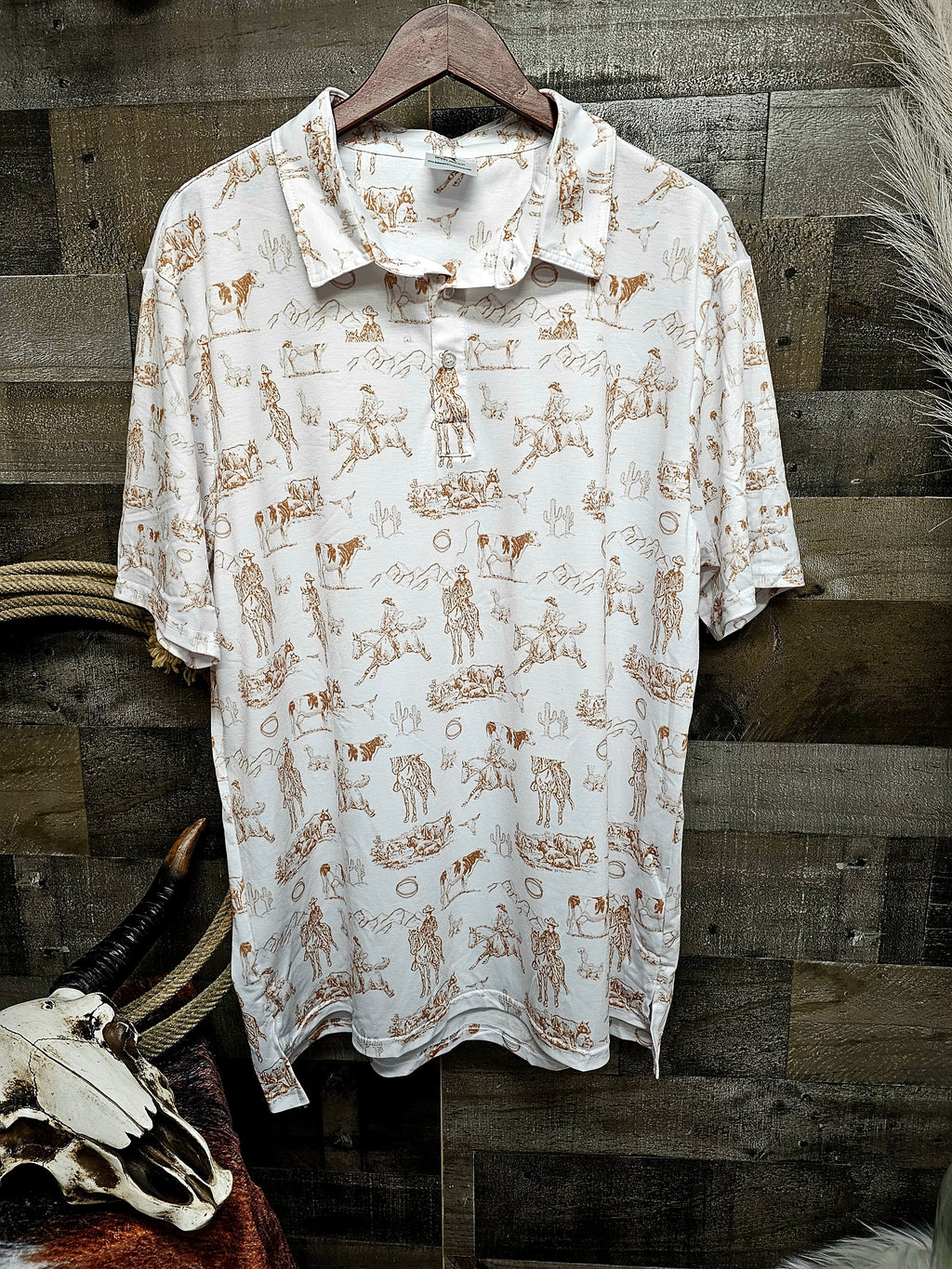 Baha Ranch Ranch Life Men's Western Polo Shirt with tan print by Baha Ranch Western Wear - product image 2