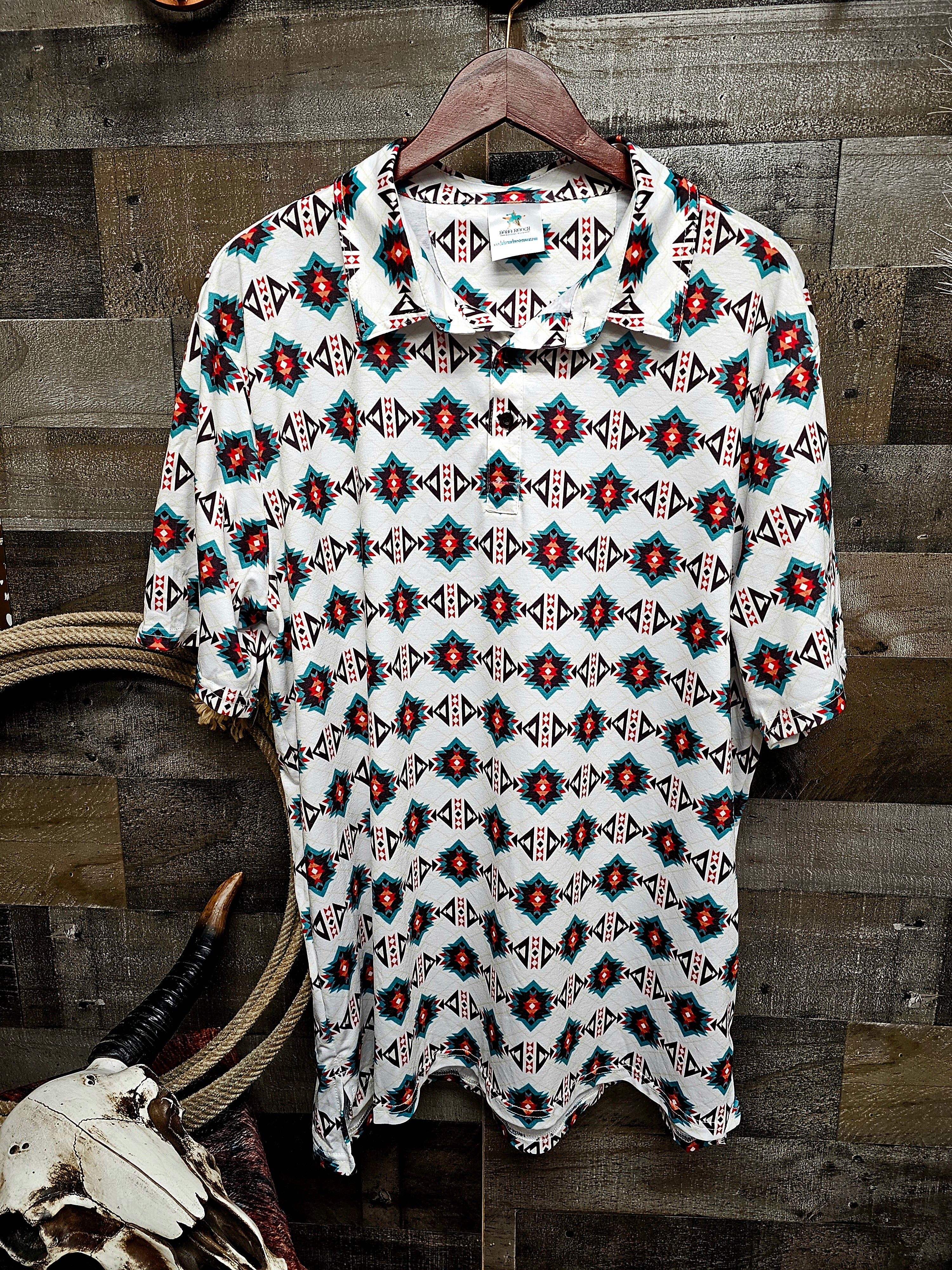 Baha Ranch White Teal Aztec Men's Western Polo Shirt by Baha Ranch Western Wear