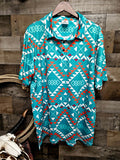 Baha Ranch Teal Aztec Men's Western Polo Shirt by Baha Ranch Western Wear