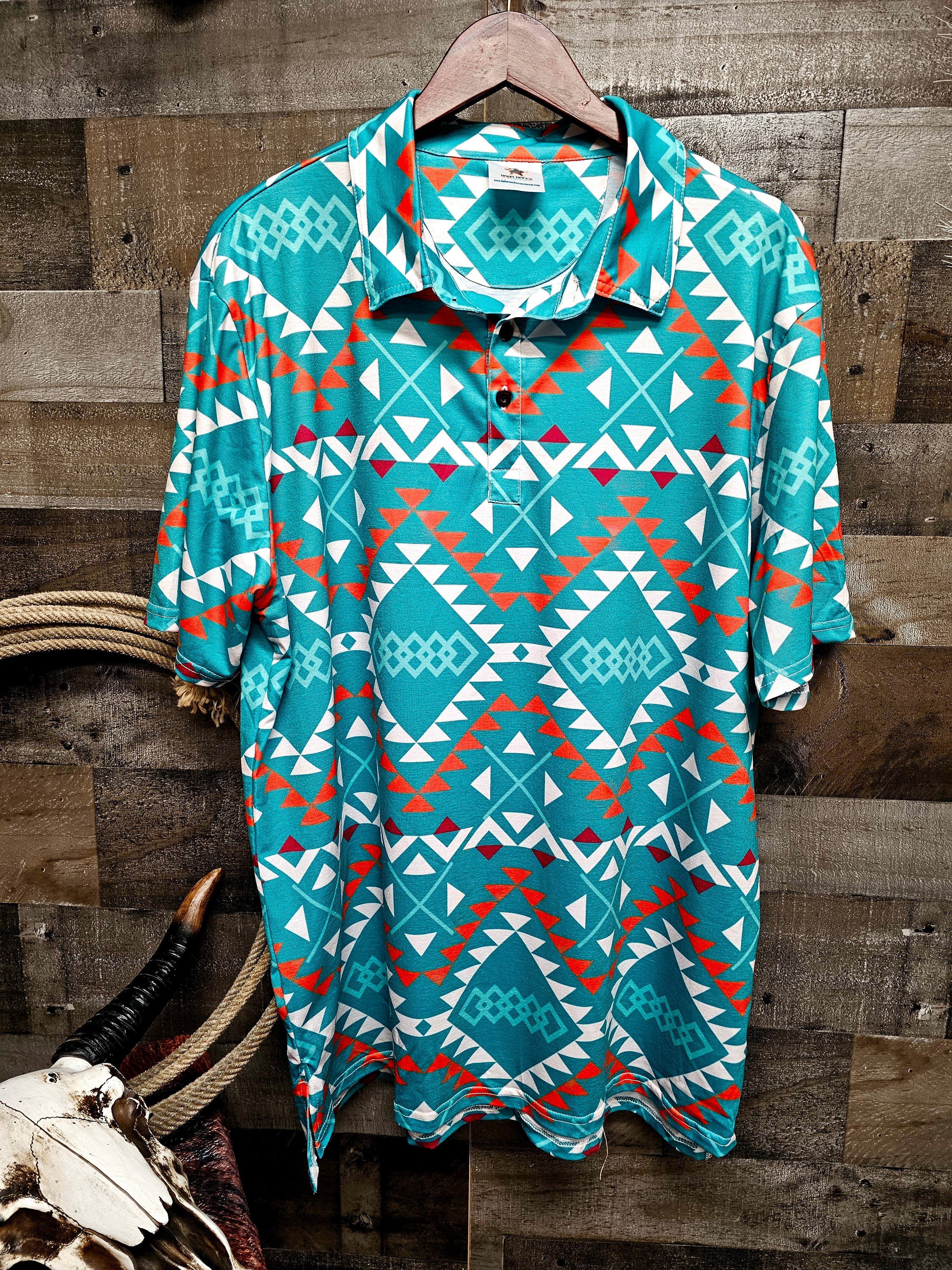 Baha Ranch Teal Aztec Men's Western Polo Shirt by Baha Ranch Western Wear