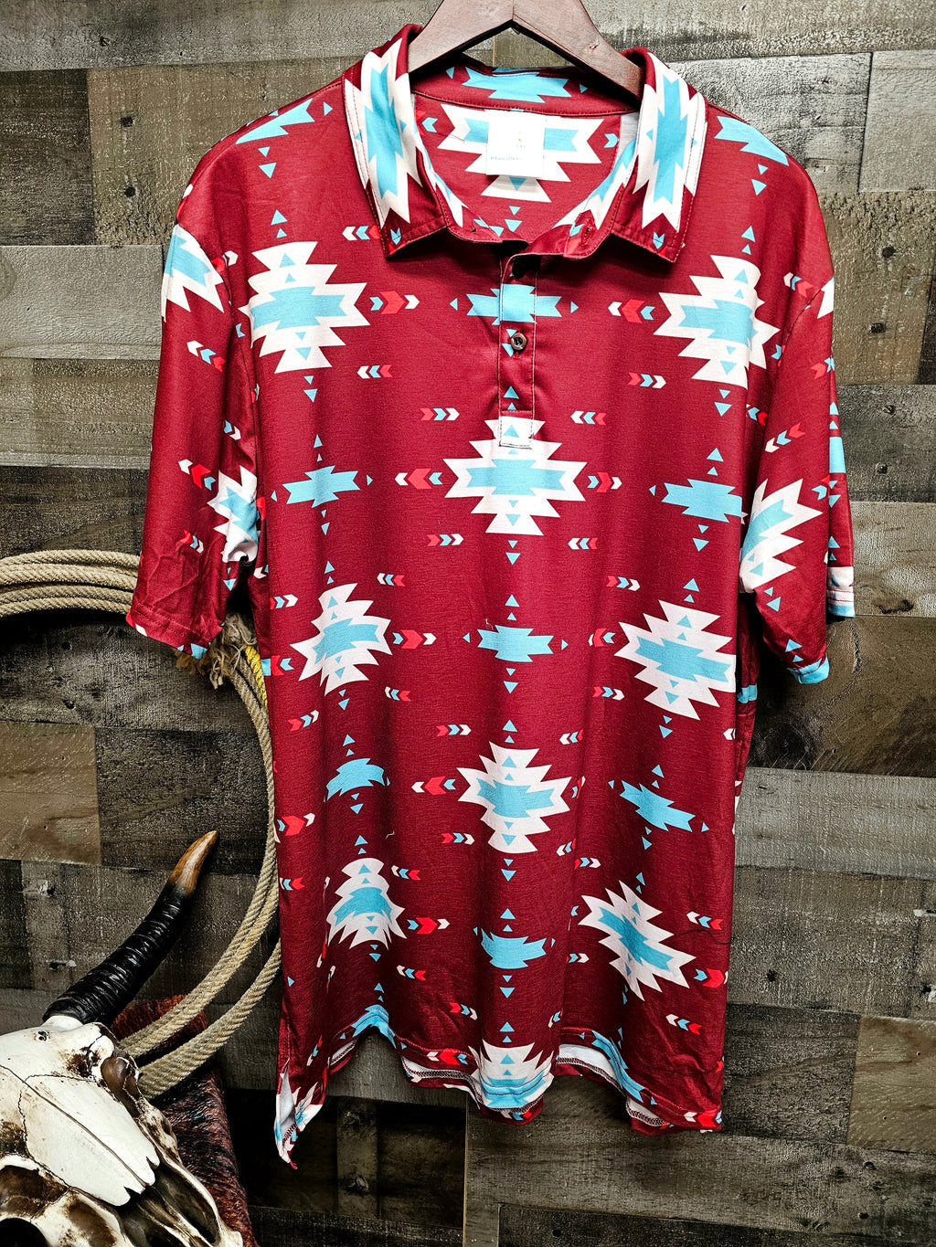 Baha Ranch Burgundy Aztec Men's Western Polo Shirt by Baha Ranch Western Wear