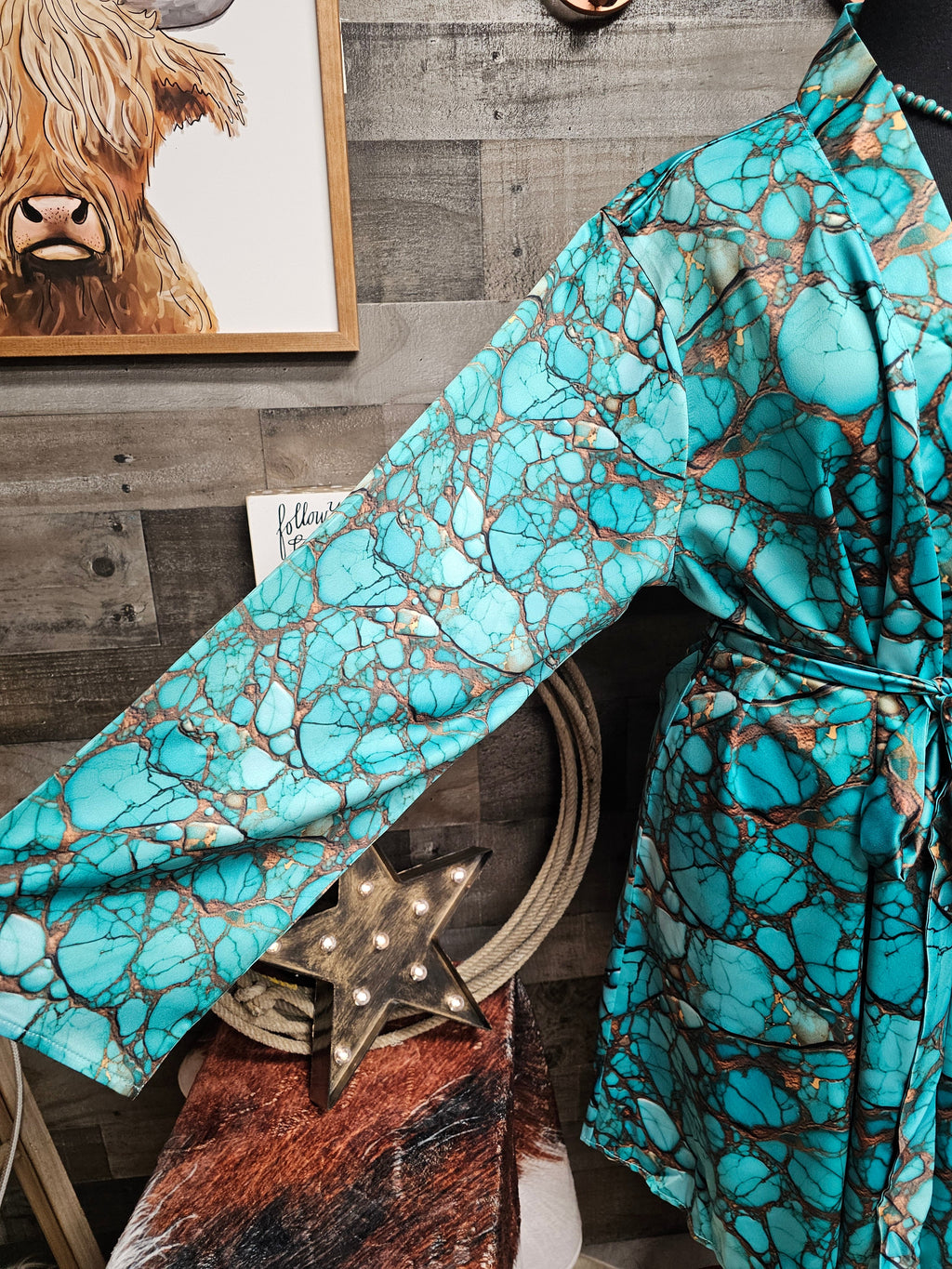 Baha Ranch All Turquoise Women's Long Sleeve Belted Satin Feel Dressing Lounge Robe by Baha Ranch Western Wear - product...