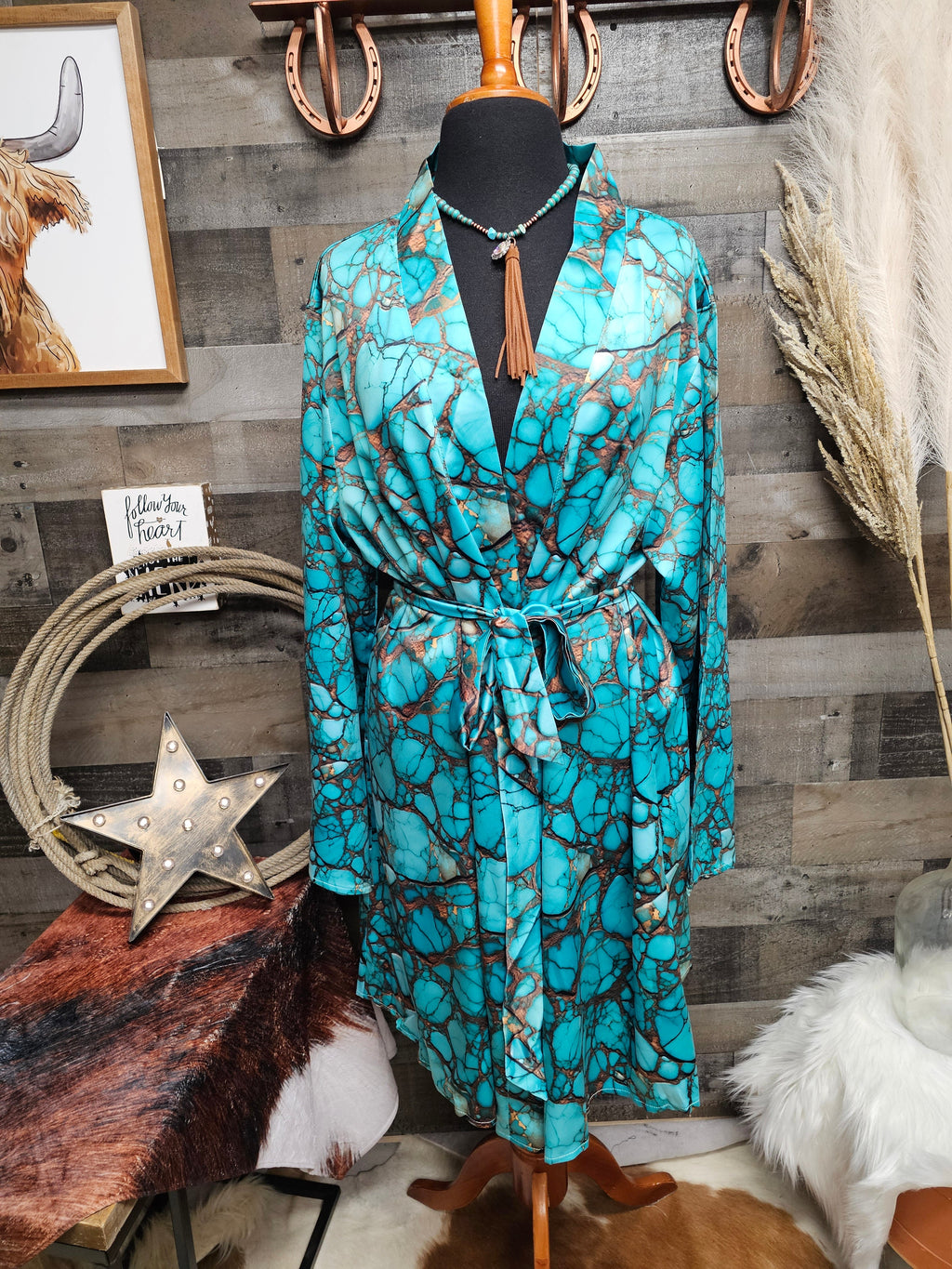 Baha Ranch All Turquoise Women's Long Sleeve Belted Satin Feel Dressing Lounge Robe by Baha Ranch Western Wear