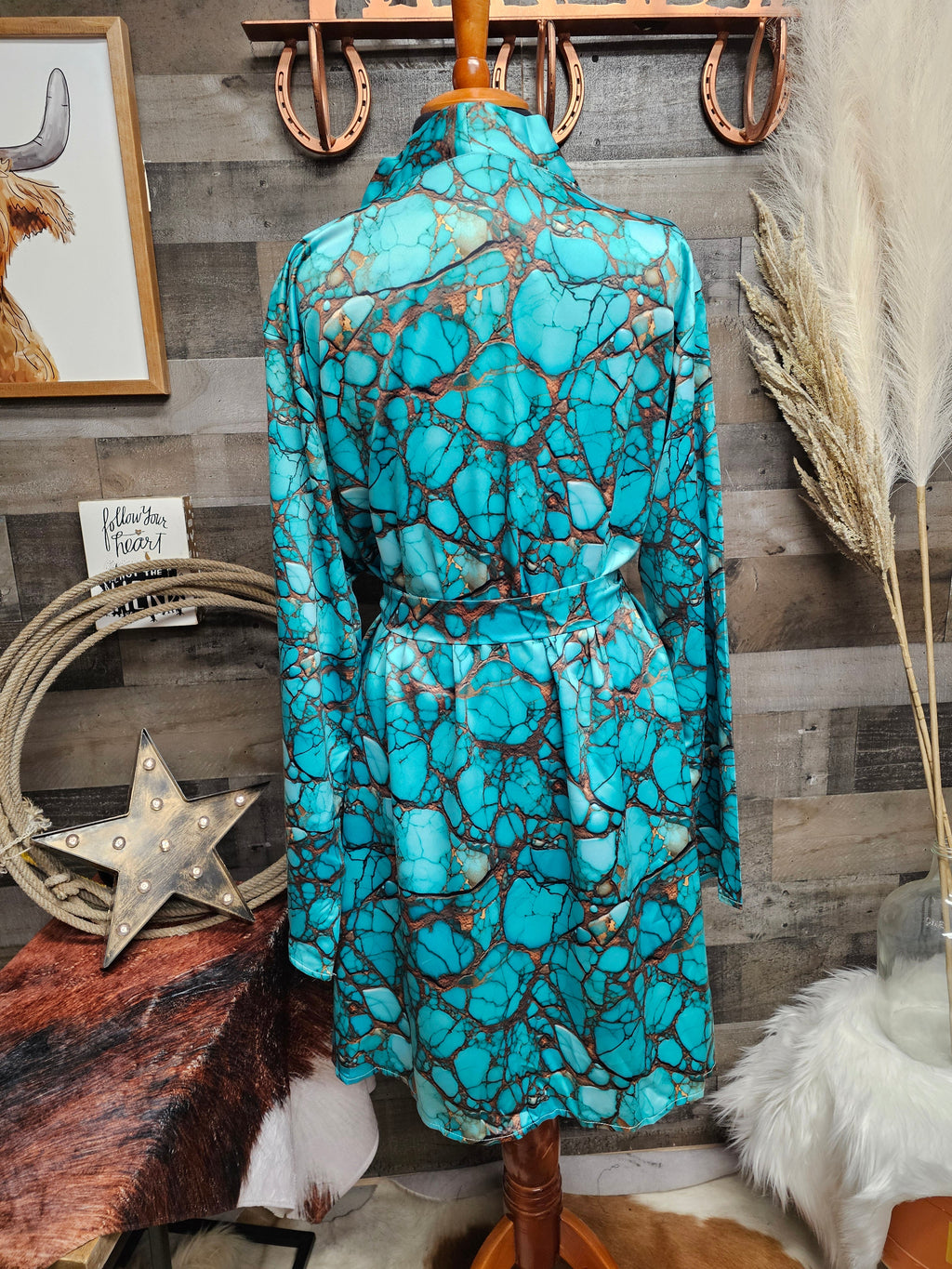 Baha Ranch All Turquoise Women's Long Sleeve Belted Satin Feel Dressing Lounge Robe by Baha Ranch Western Wear - product...