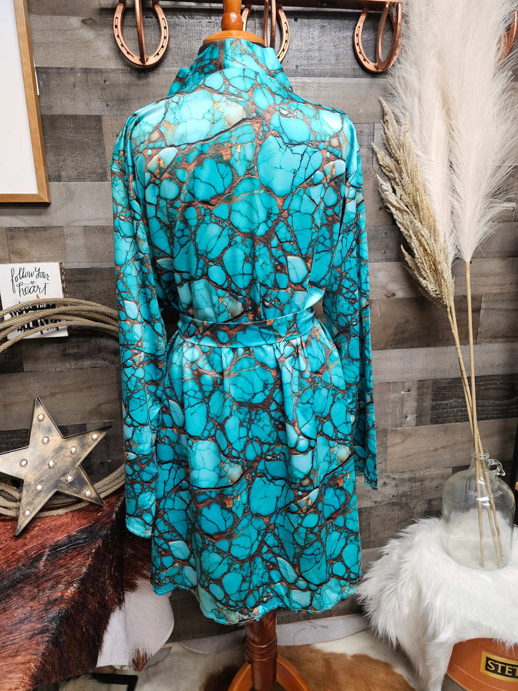 Baha Ranch All Turquoise Women's Long Sleeve Belted Satin Feel Dressing Lounge Robe by Baha Ranch Western Wear - product...