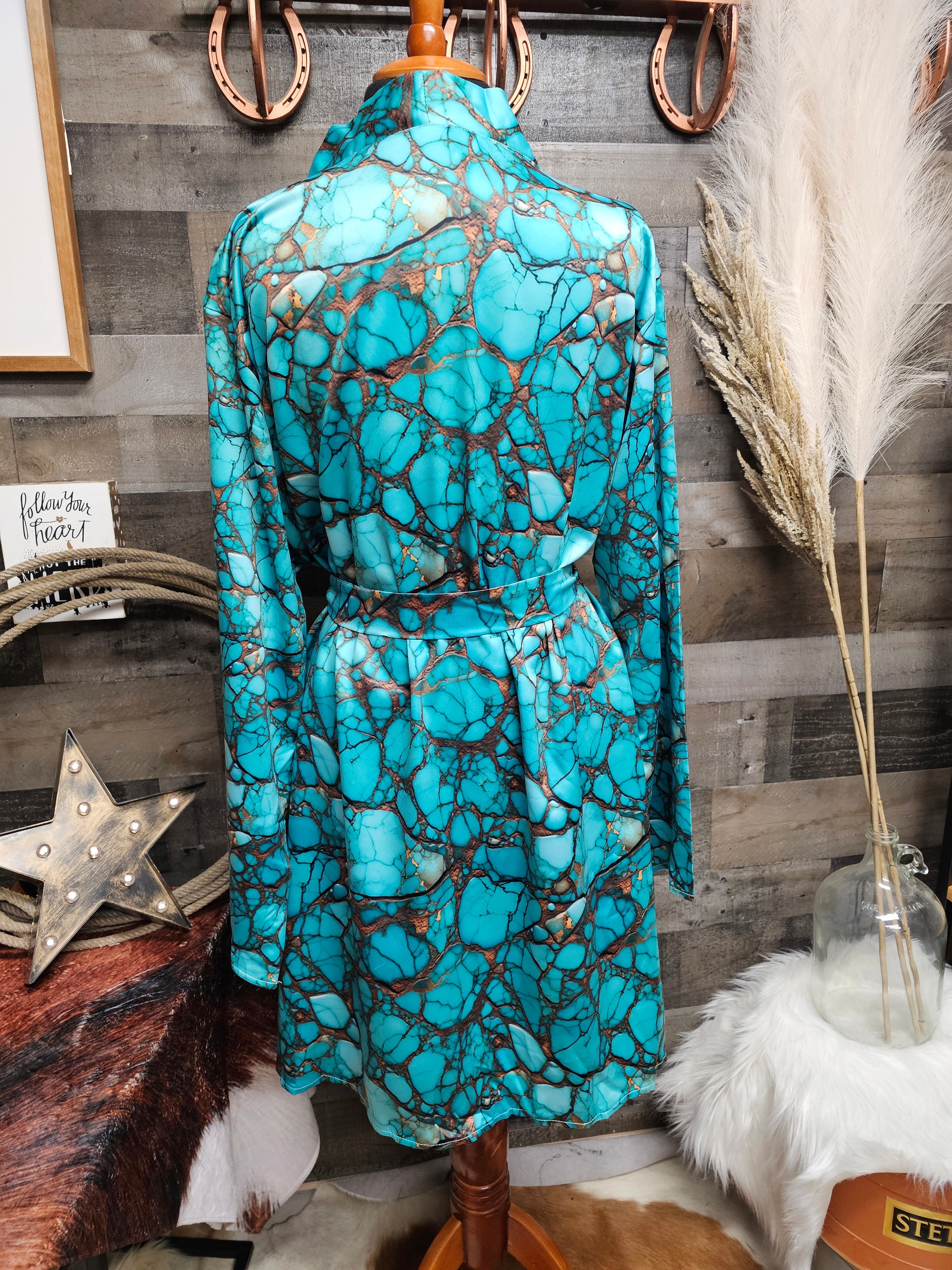 Baha Ranch All Turquoise Women's Long Sleeve Belted Satin Feel Dressing Lounge Robe by Baha Ranch Western Wear - product...