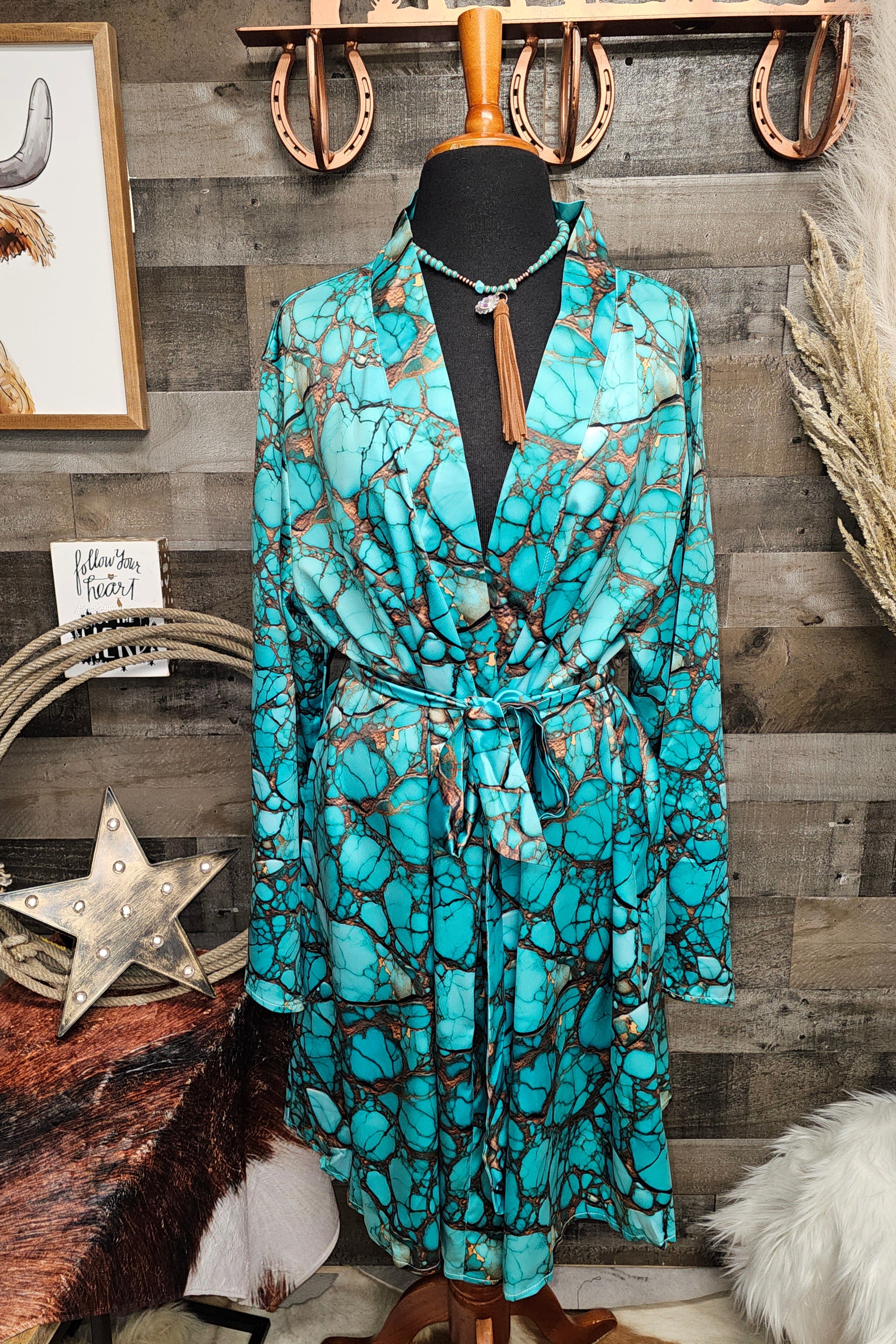 Baha Ranch All Turquoise Women's Long Sleeve Belted Satin Feel Dressing Lounge Robe by Baha Ranch Western Wear - product...