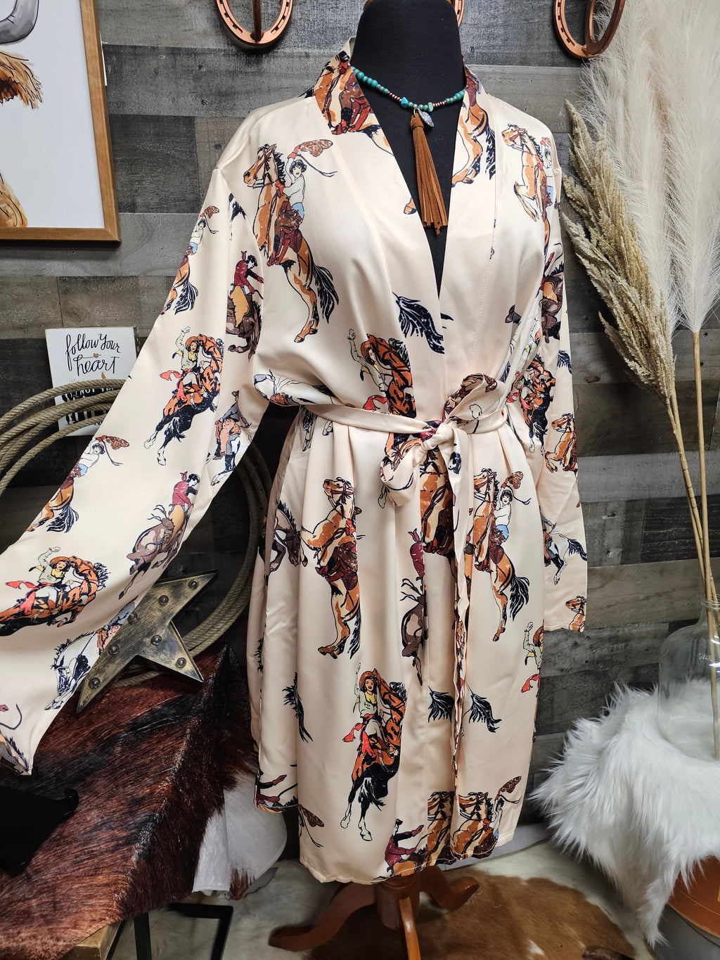 Baha Ranch Vintage Cowgirl Women's Long Sleeve Belted Satin Feel Dressing Lounge Robe by Baha Ranch Western Wear -...