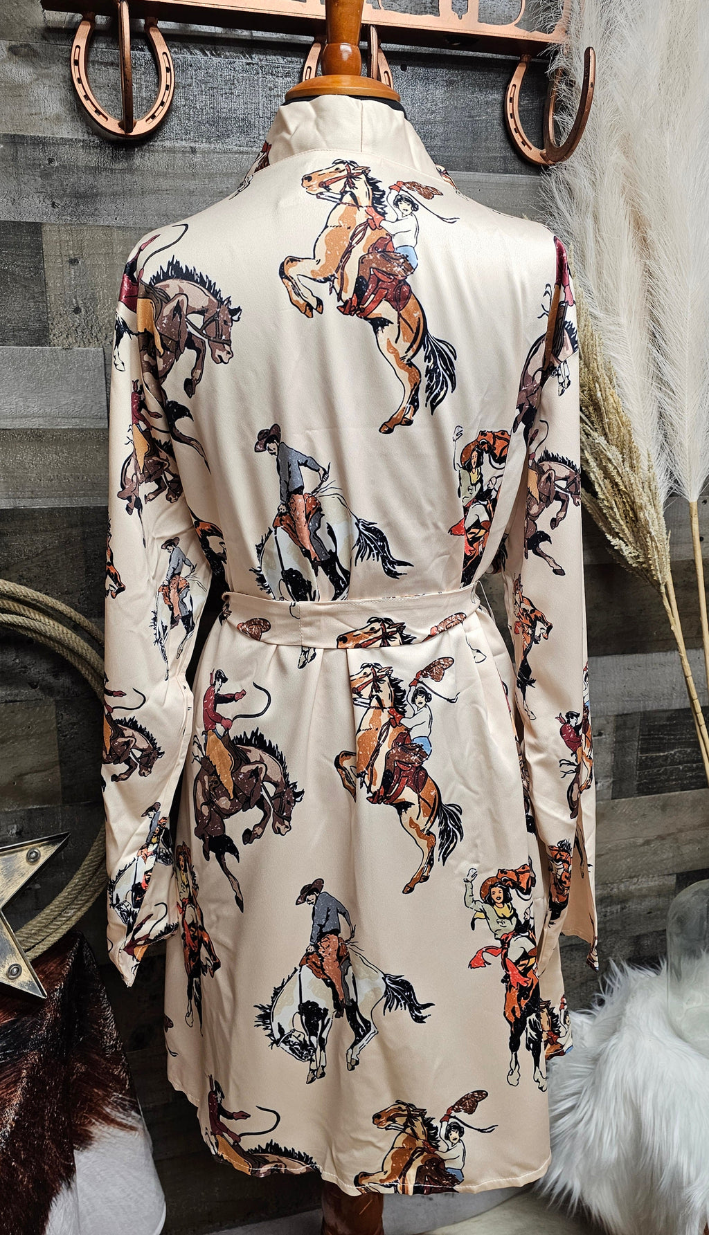 Baha Ranch Vintage Cowgirl Women's Long Sleeve Belted Satin Feel Dressing Lounge Robe by Baha Ranch Western Wear -...