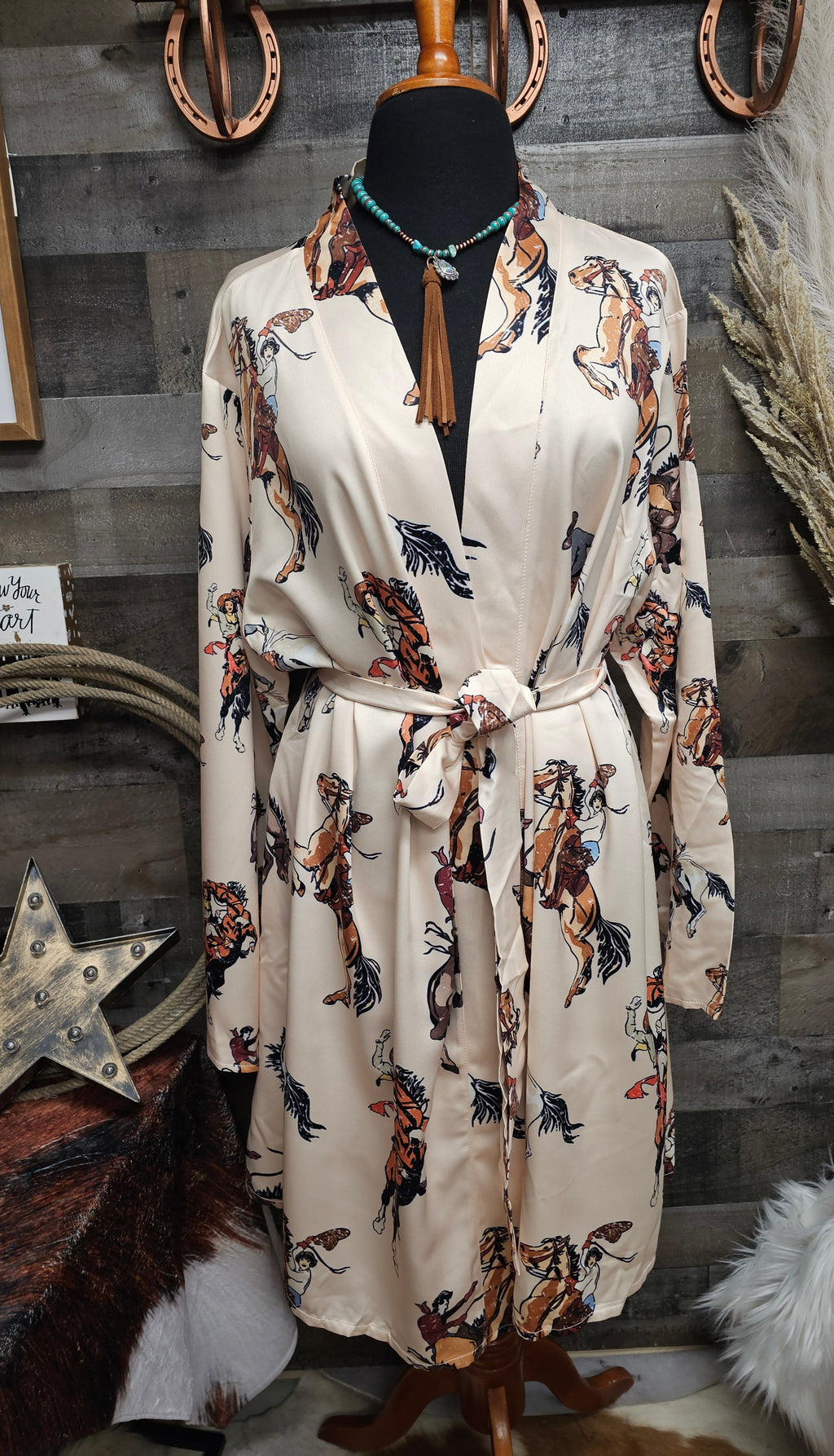Baha Ranch Vintage Cowgirl Women's Long Sleeve Belted Satin Feel Dressing Lounge Robe by Baha Ranch Western Wear