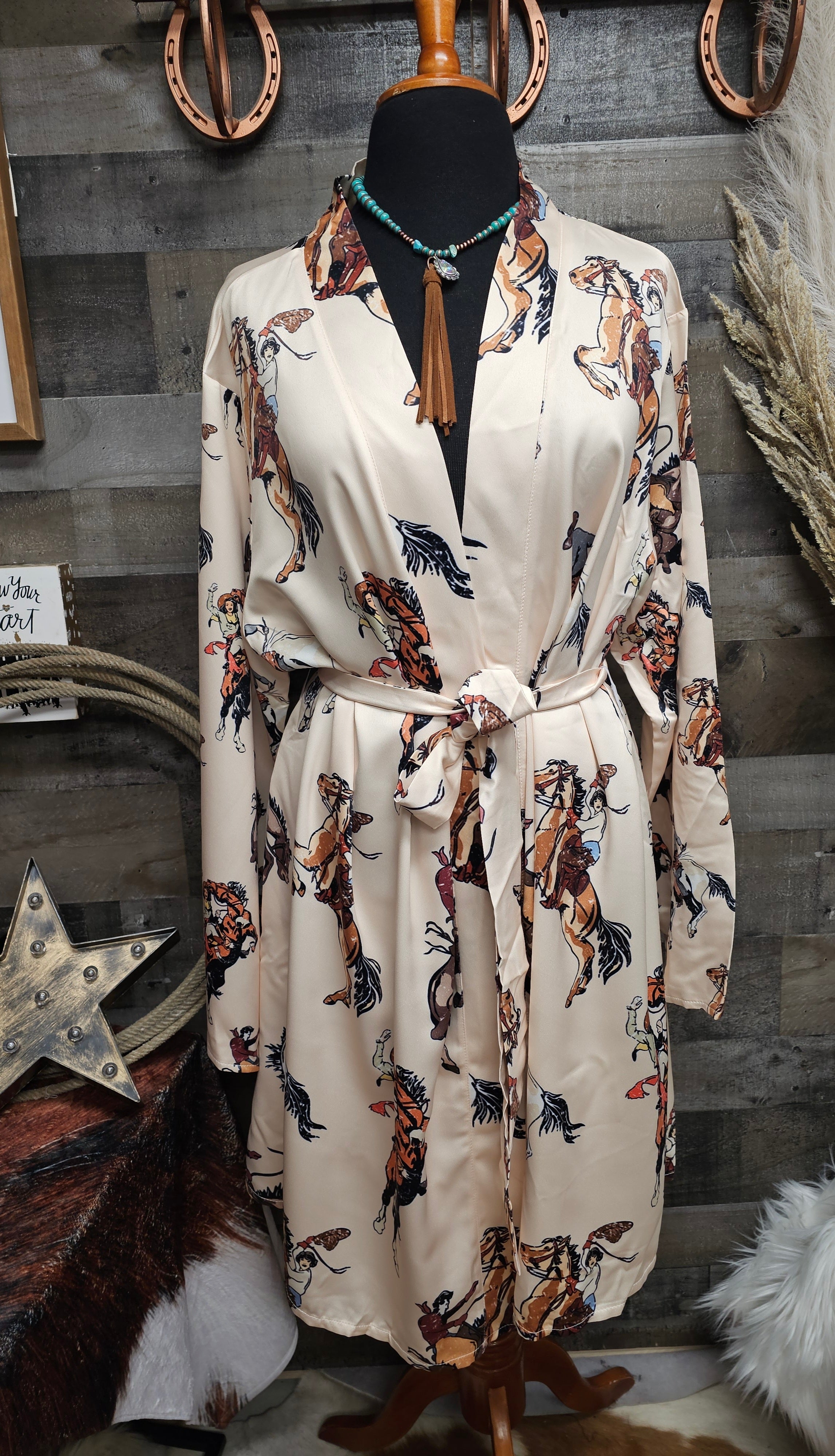 Baha Ranch Vintage Cowgirl Women's Long Sleeve Belted Satin Feel Dressing Lounge Robe by Baha Ranch Western Wear