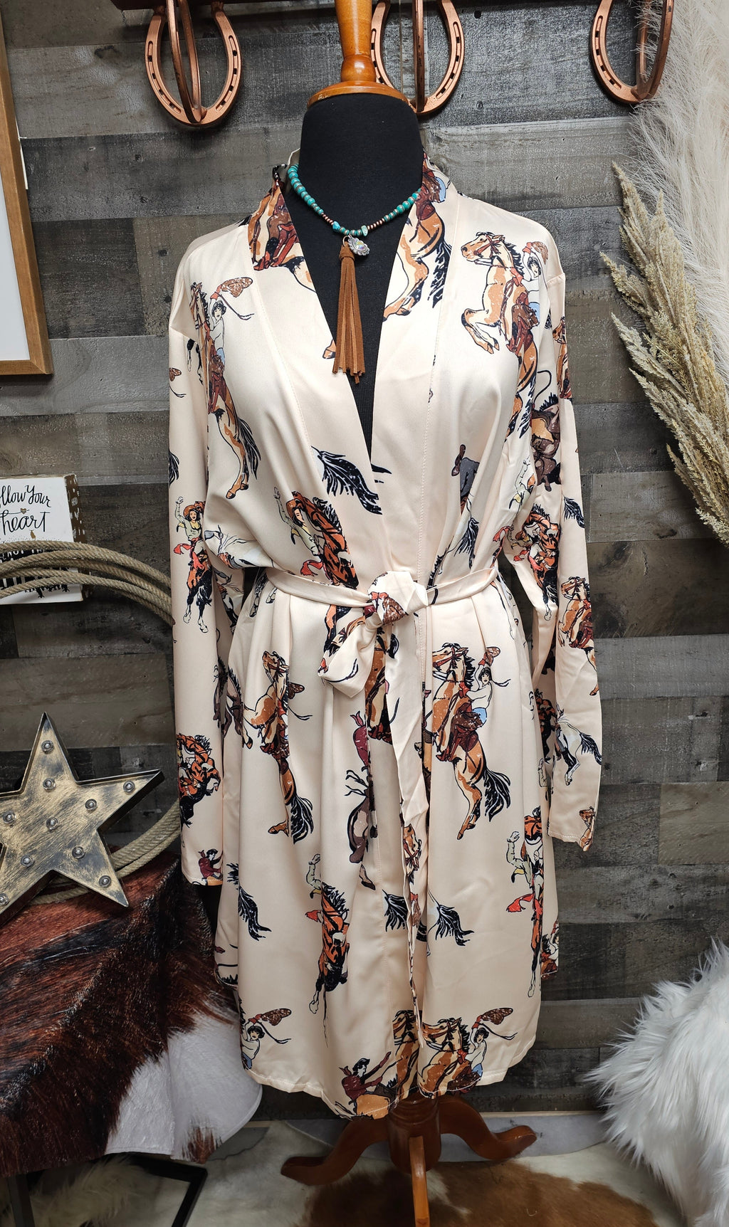 Baha Ranch Vintage Cowgirl Women's Long Sleeve Belted Satin Feel Dressing Lounge Robe by Baha Ranch Western Wear -...