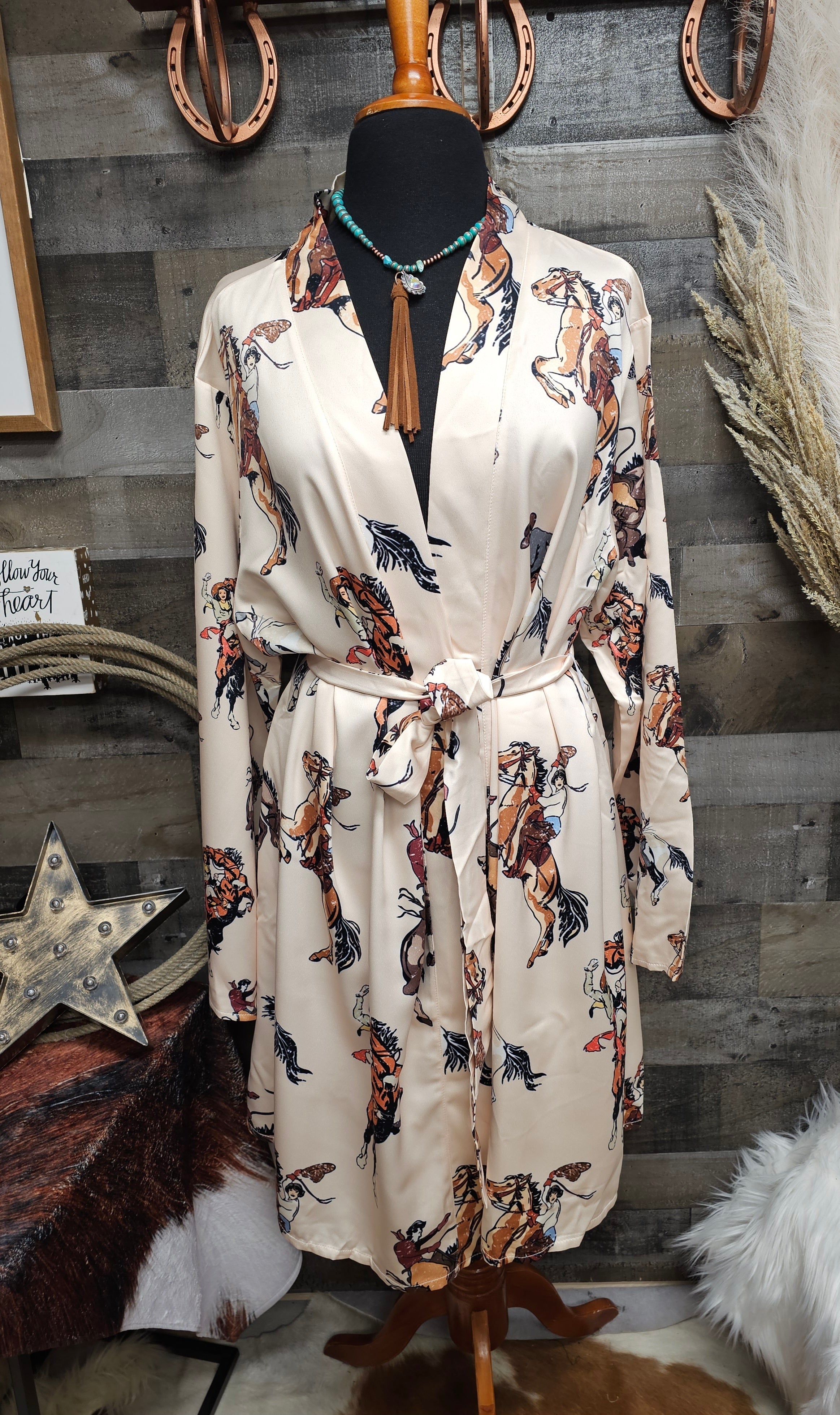 Baha Ranch Vintage Cowgirl Women's Long Sleeve Belted Satin Feel Dressing Lounge Robe by Baha Ranch Western Wear -...