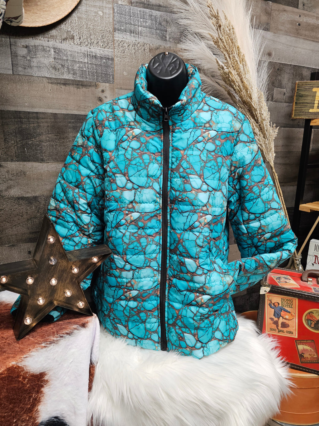 All Turquoise Women's Puffy Bomber Jacket by Baha Ranch Western Wear