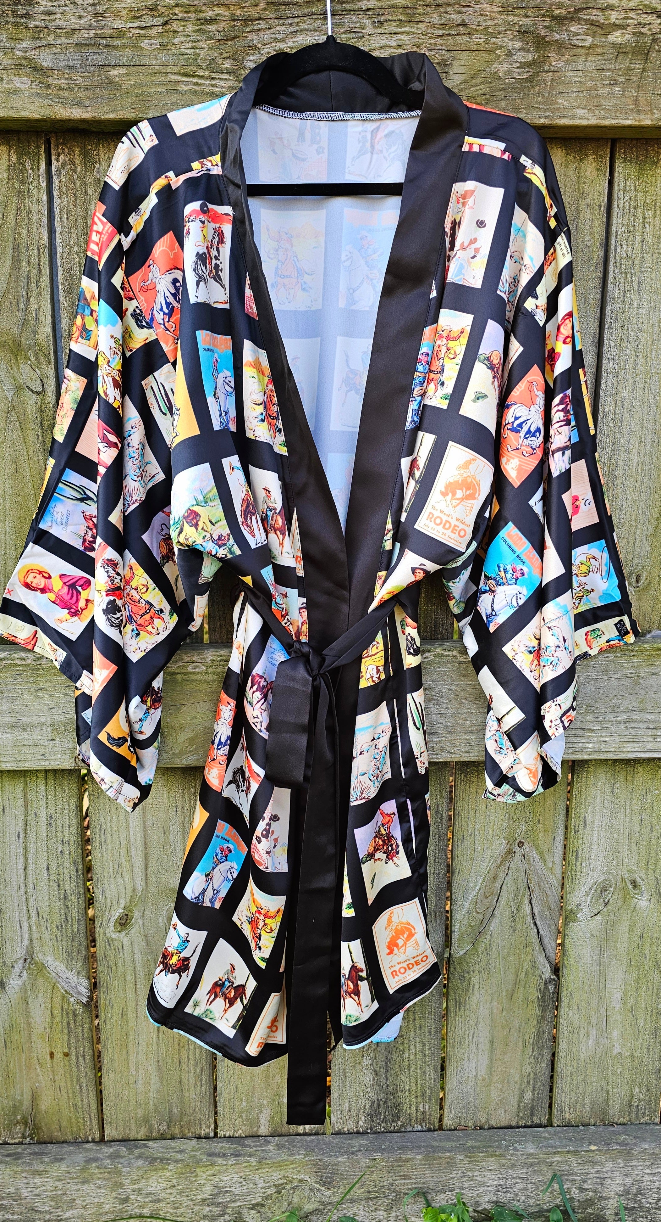 Baha Ranch Vintage Cowboy Collage Satin Kimono Robe by Baha Ranch Western Wear