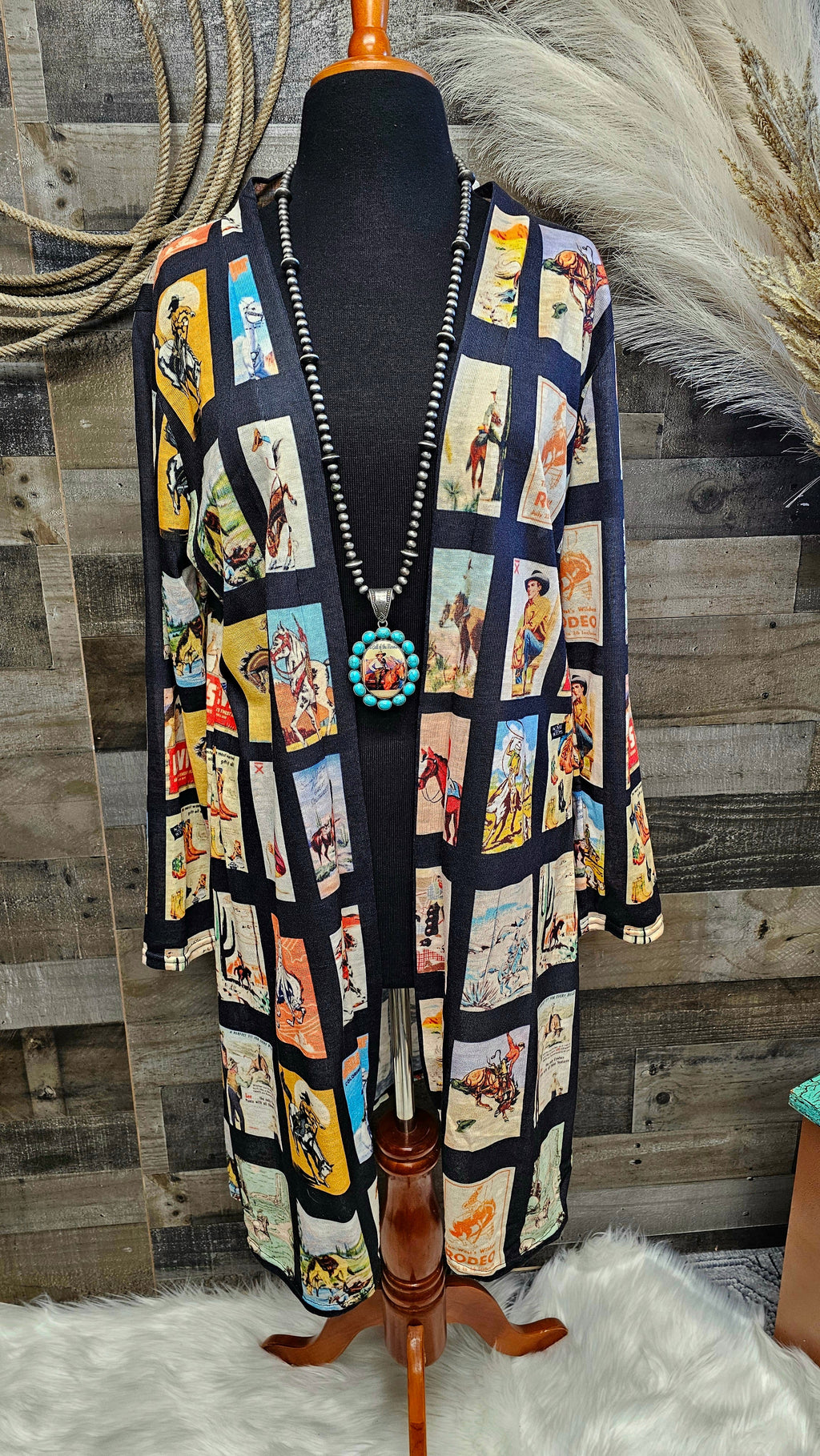 Baha Ranch Vintage Cowboy Collage Western Lightweight Cardigan by Baha Ranch Western Wear