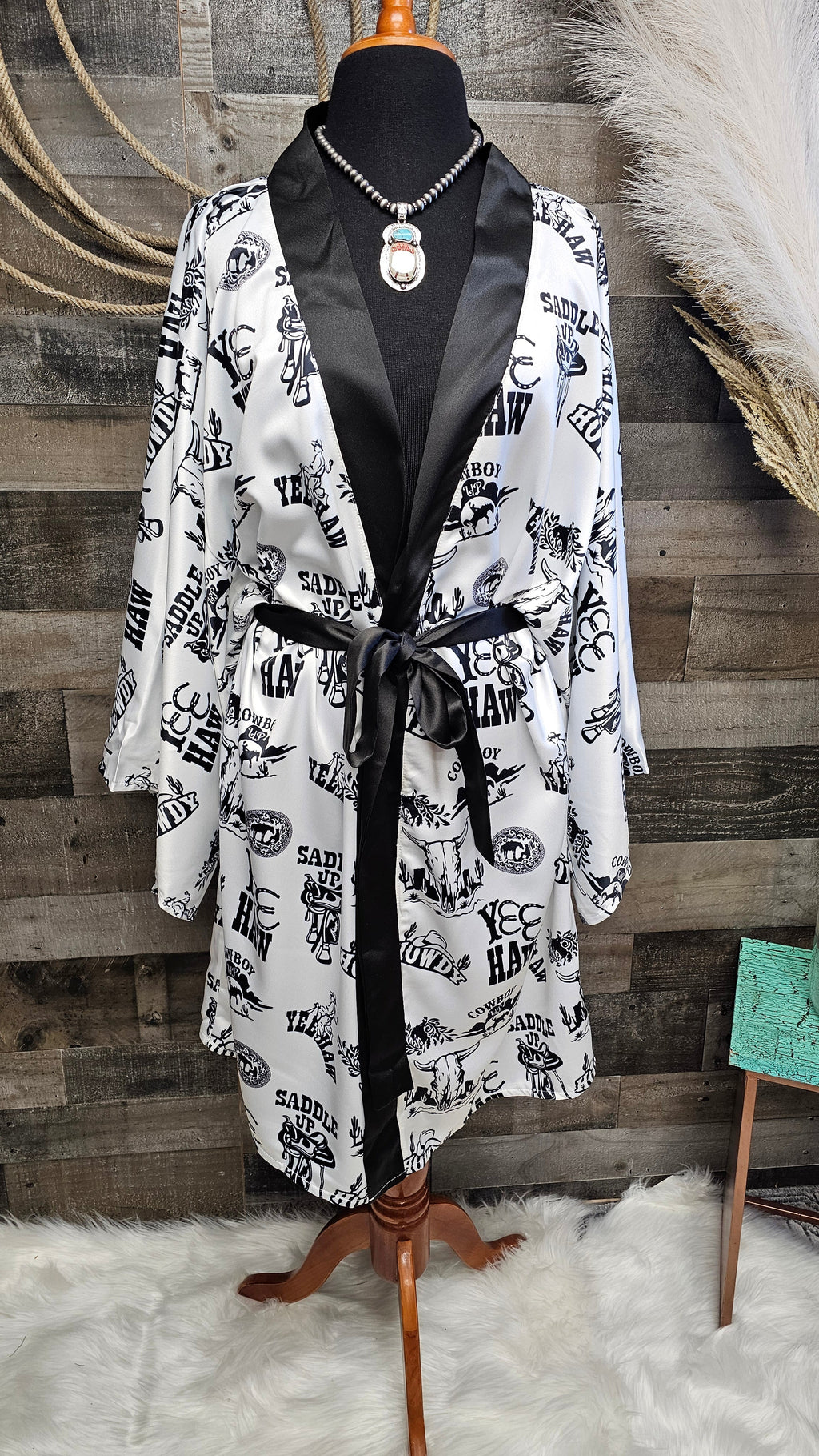 Baha Ranch Cowboy Print Western Satin Kimono Robe by Baha Ranch Western Wear